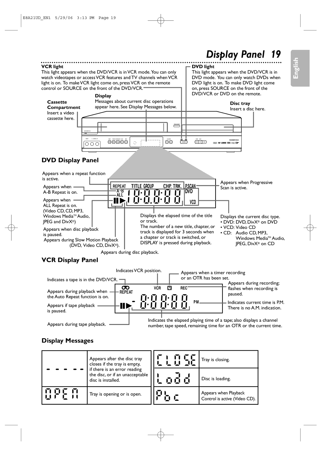 Philips DVP3200V/37B user manual DVD Display Panel, VCR Display Panel, Display Messages 