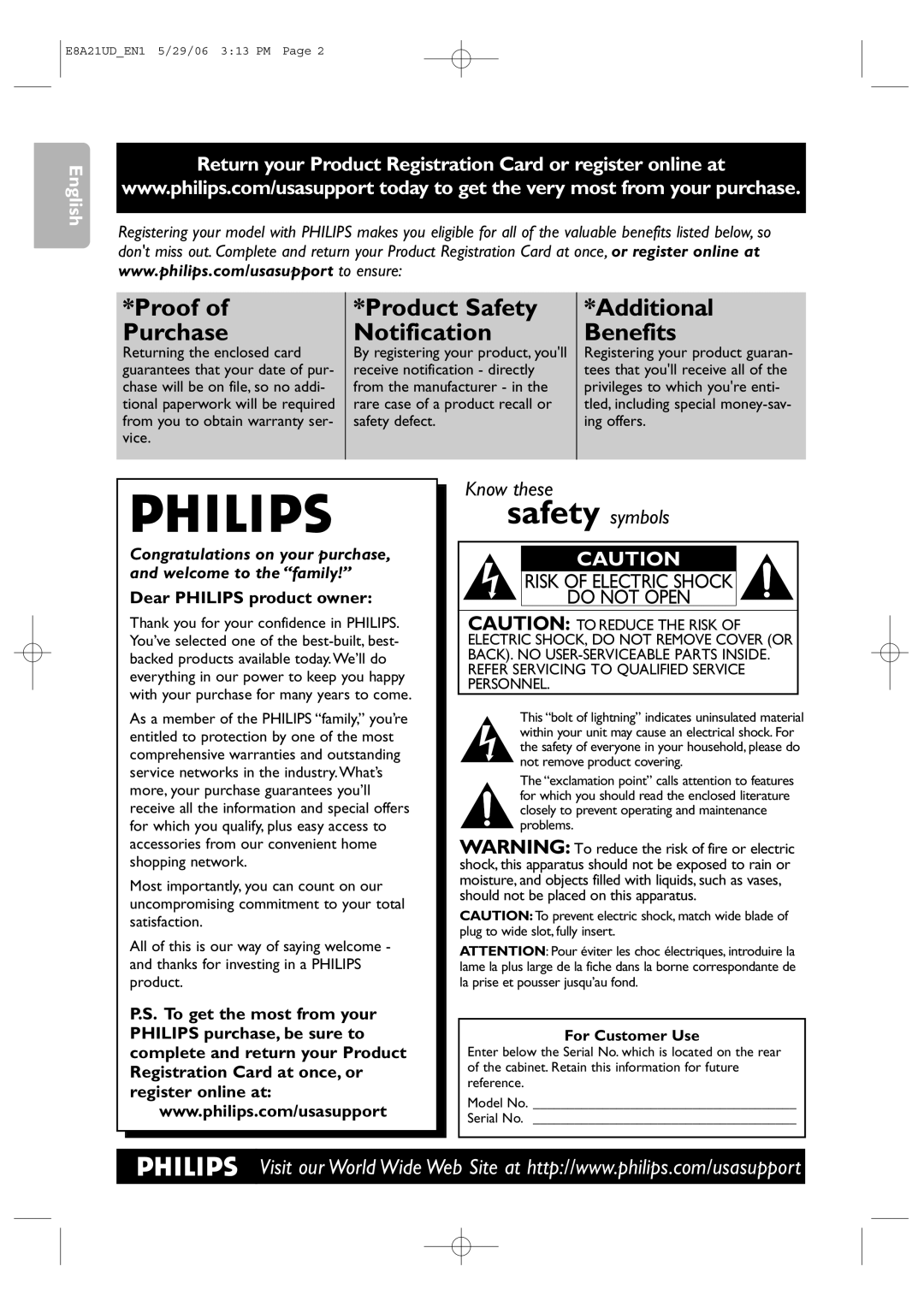 Philips DVP3200V/37B user manual Proof of Purchase, For Customer Use 