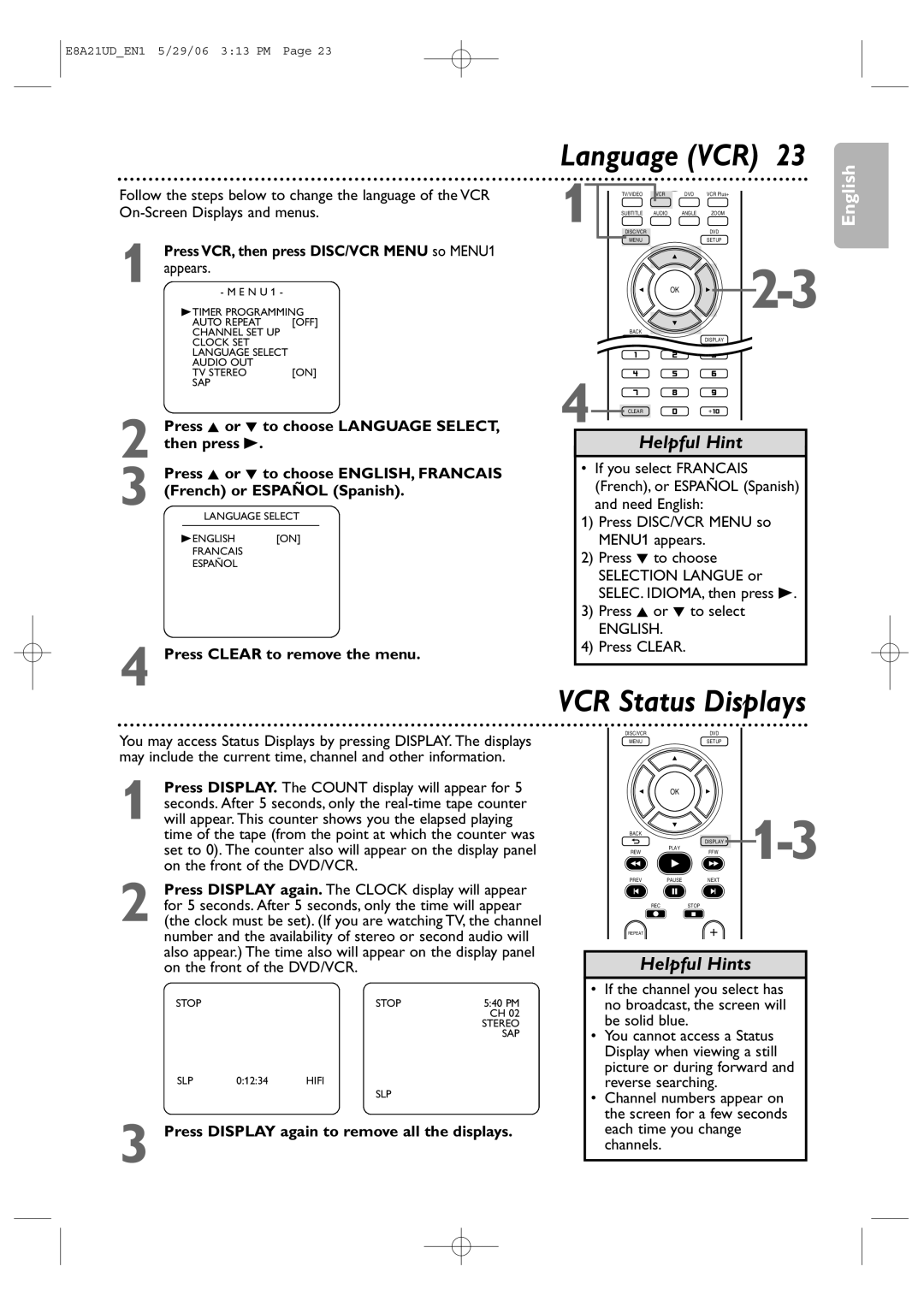 Philips DVP3200V/37B user manual Press Clear to remove the menu, English, Press Display again to remove all the displays 