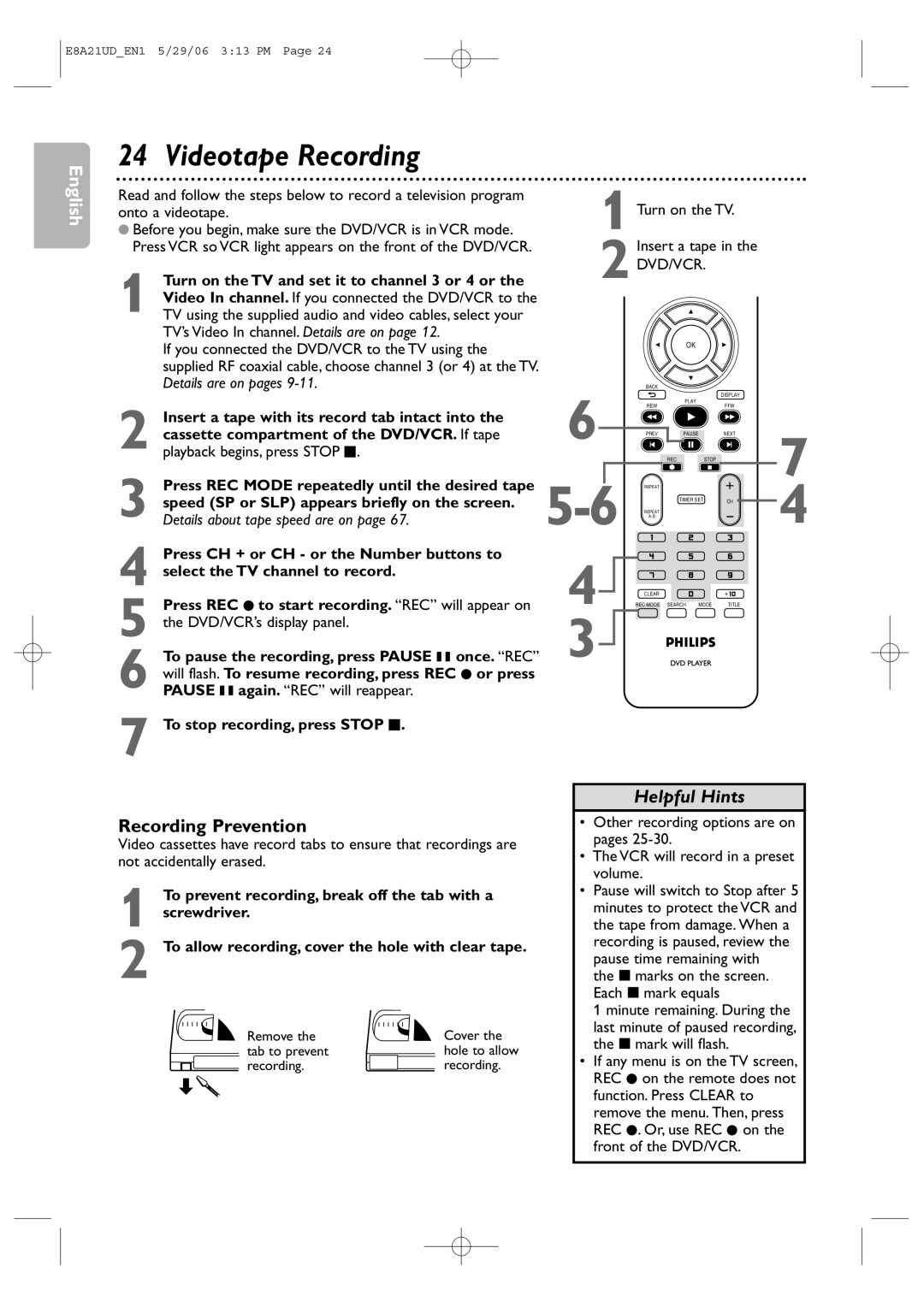 Philips DVP3200V/37B user manual Videotape Recording, Recording Prevention, Remove Cover Tab to prevent 