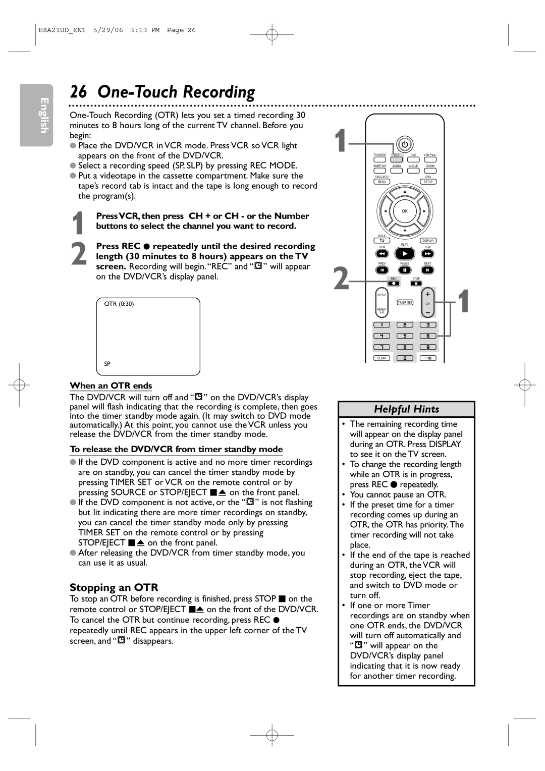 Philips DVP3200V/37B user manual One-Touch Recording, Stopping an OTR 