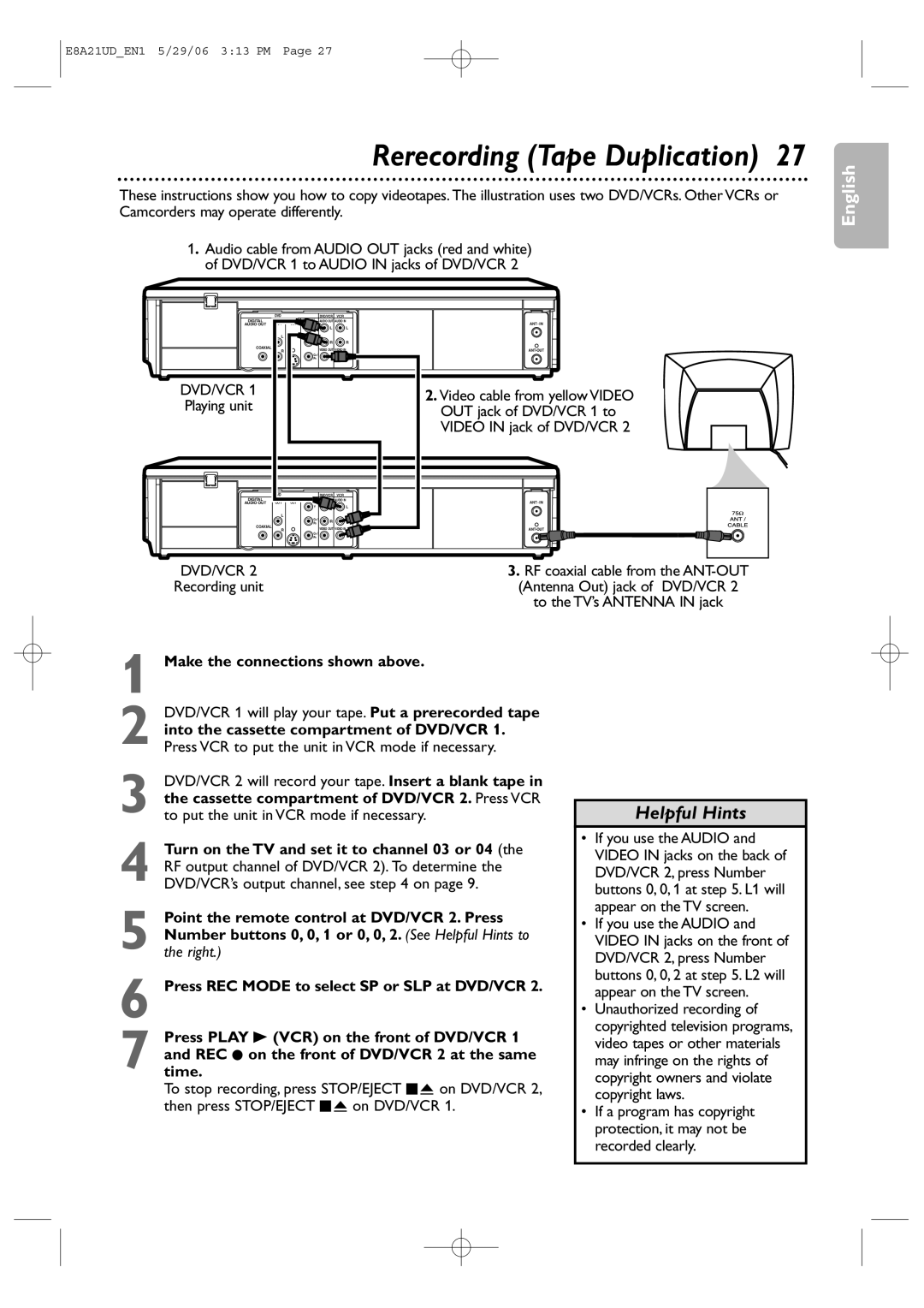 Philips DVP3200V/37B user manual Rerecording Tape Duplication, Make the connections shown above 