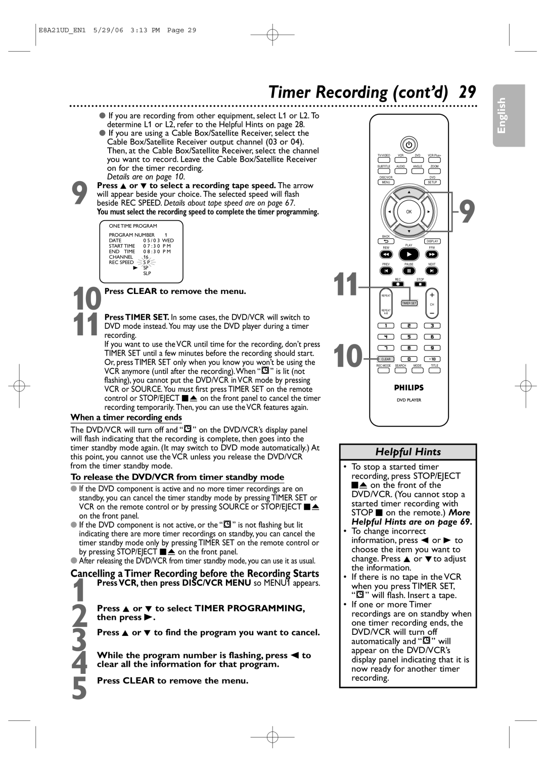 Philips DVP3200V/37B user manual Timer Recording cont’d, On for the timer recording, When a timer recording ends 