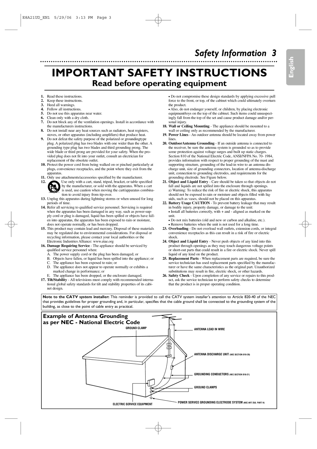 Philips DVP3200V/37B user manual Important Safety Instructions 