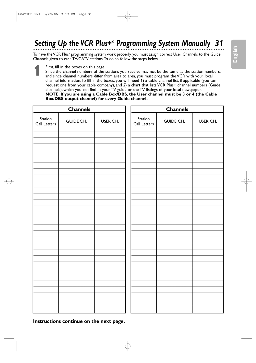 Philips DVP3200V/37 user manual Channels, Instructions continue on the next, Box/DBS output channel for every Guide channel 