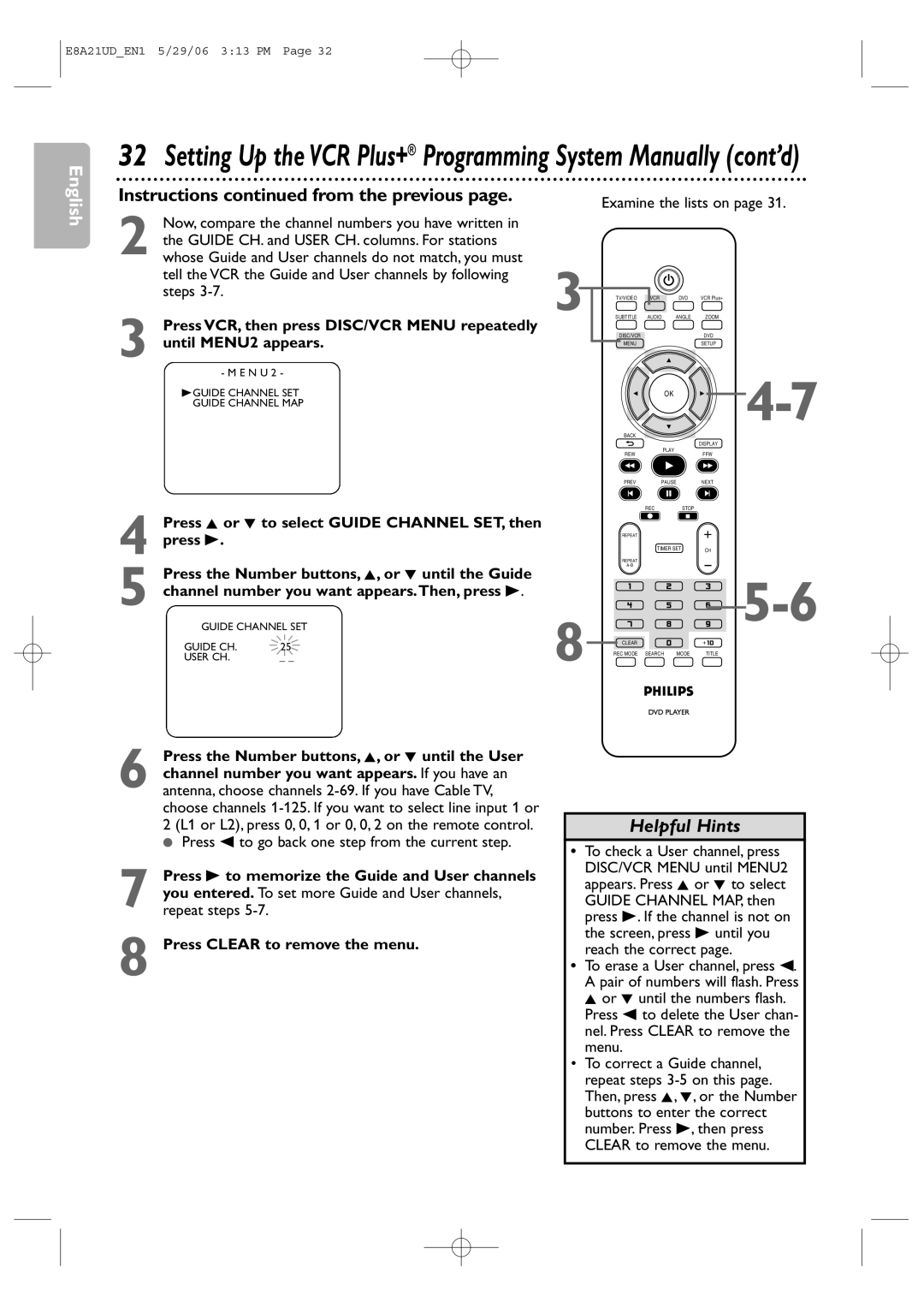 Philips DVP3200V/37B Instructions from the previous, Tell the VCR the Guide and User channels by following, Steps 