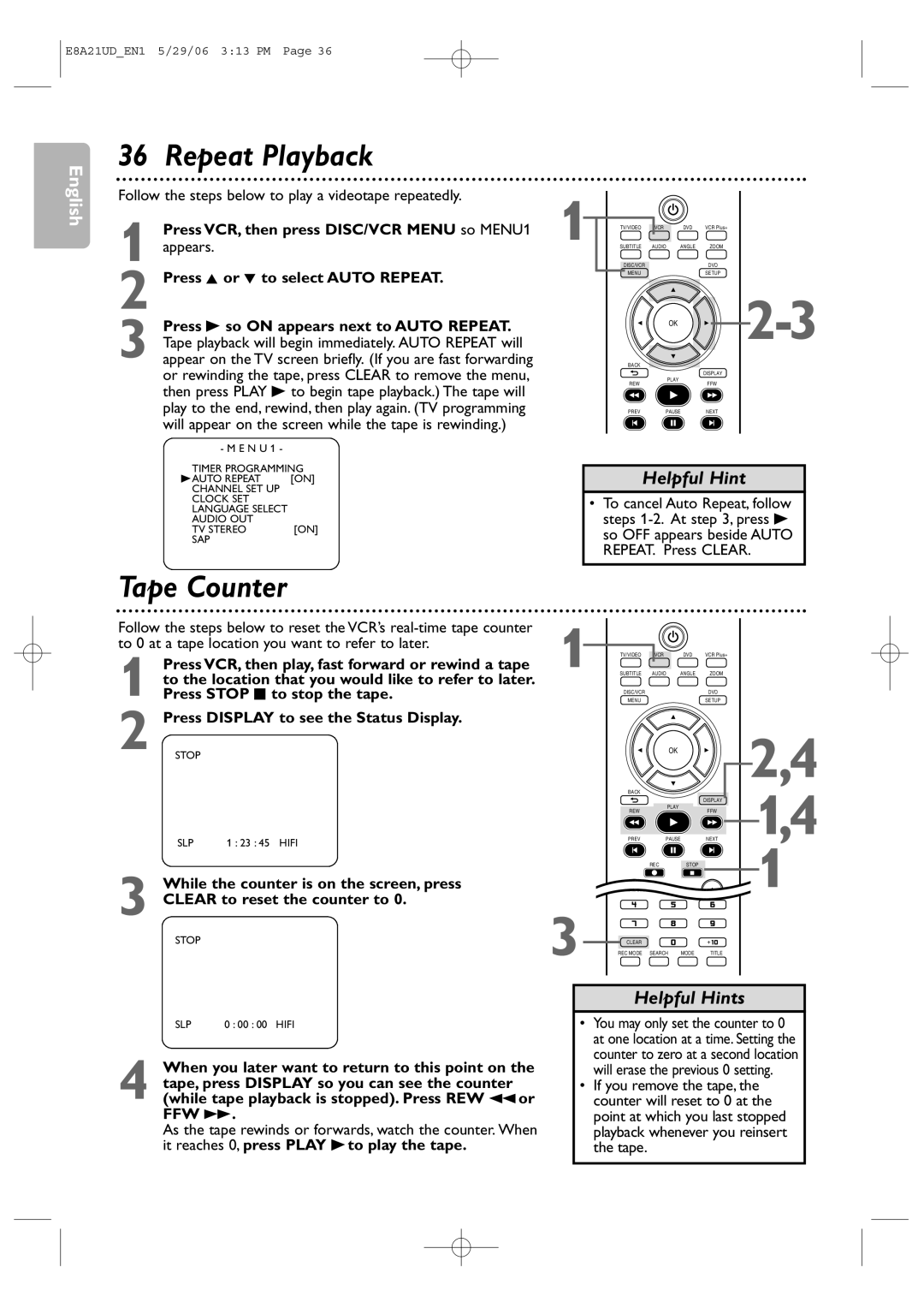 Philips DVP3200V/37B user manual Repeat Playback, Tape Counter 