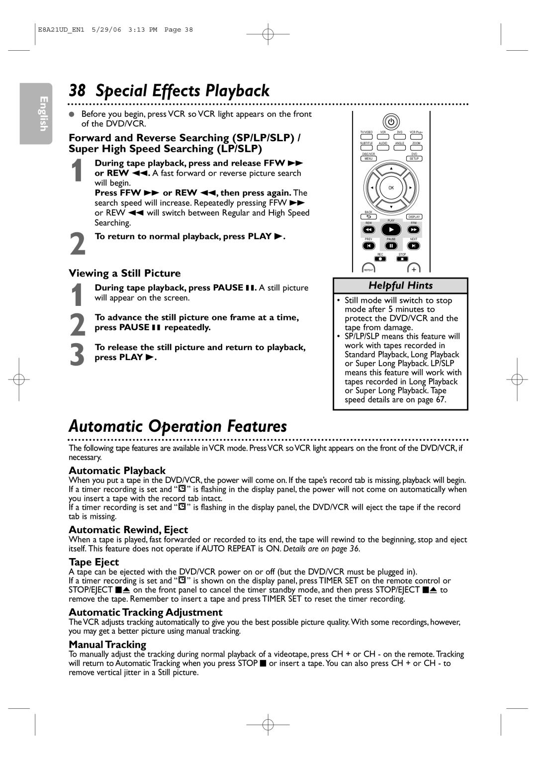 Philips DVP3200V/37B user manual Special Effects Playback, Automatic Operation Features 