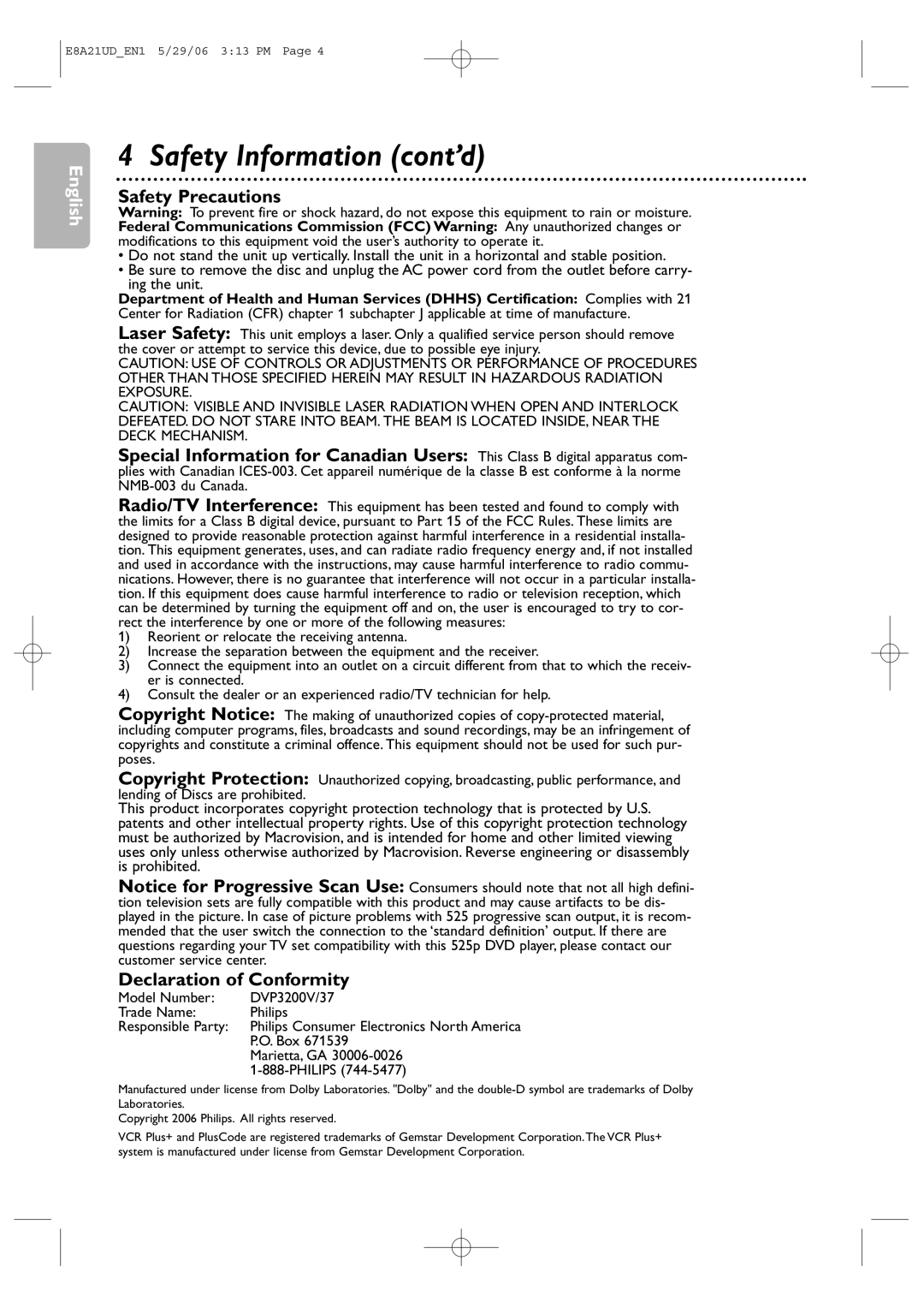Philips DVP3200V/37B Safety Information cont’d, Safety Precautions, Declaration of Conformity, Box, Marietta, GA 