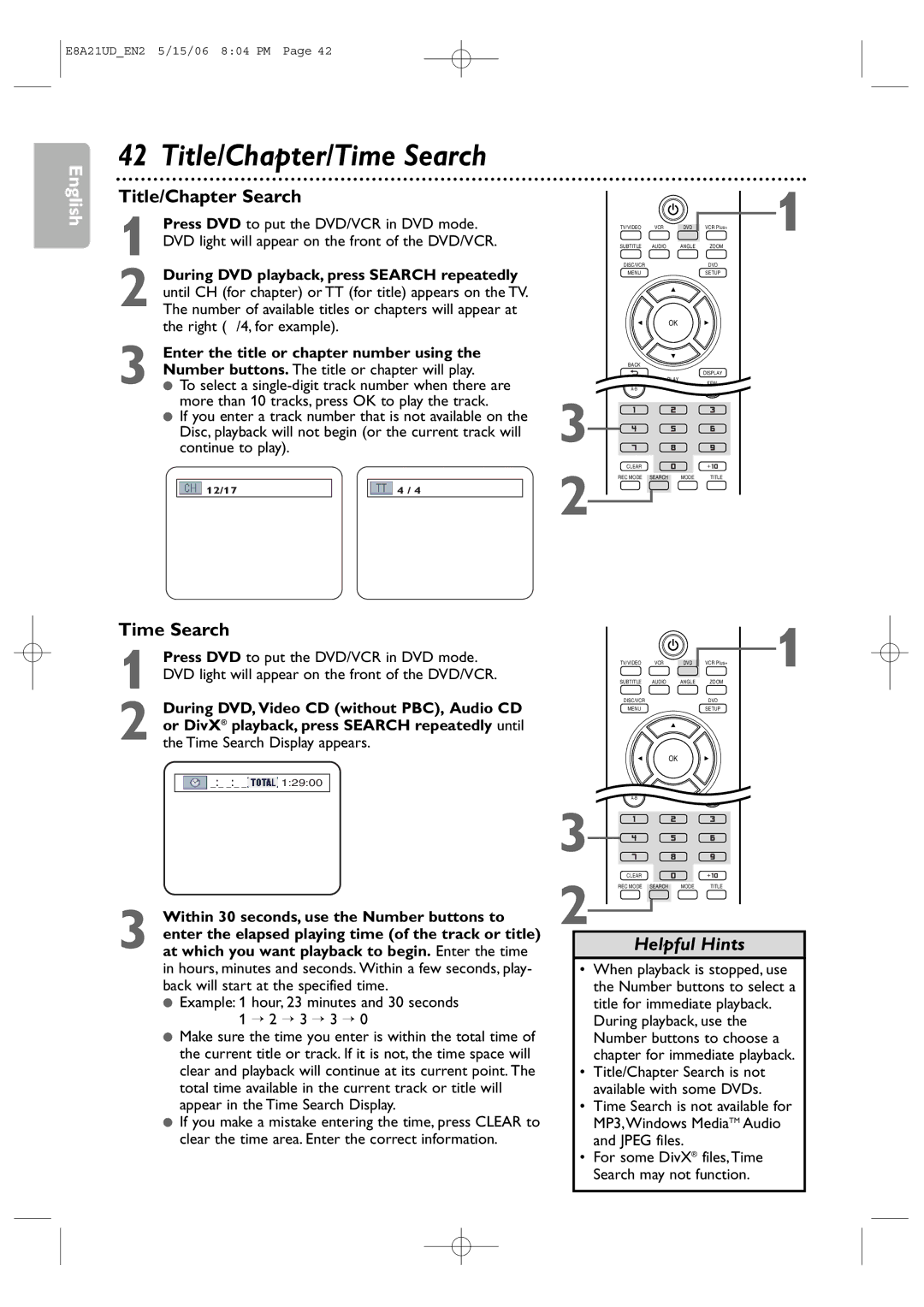 Philips DVP3200V/37B user manual Title/Chapter/Time Search, Title/Chapter Search 