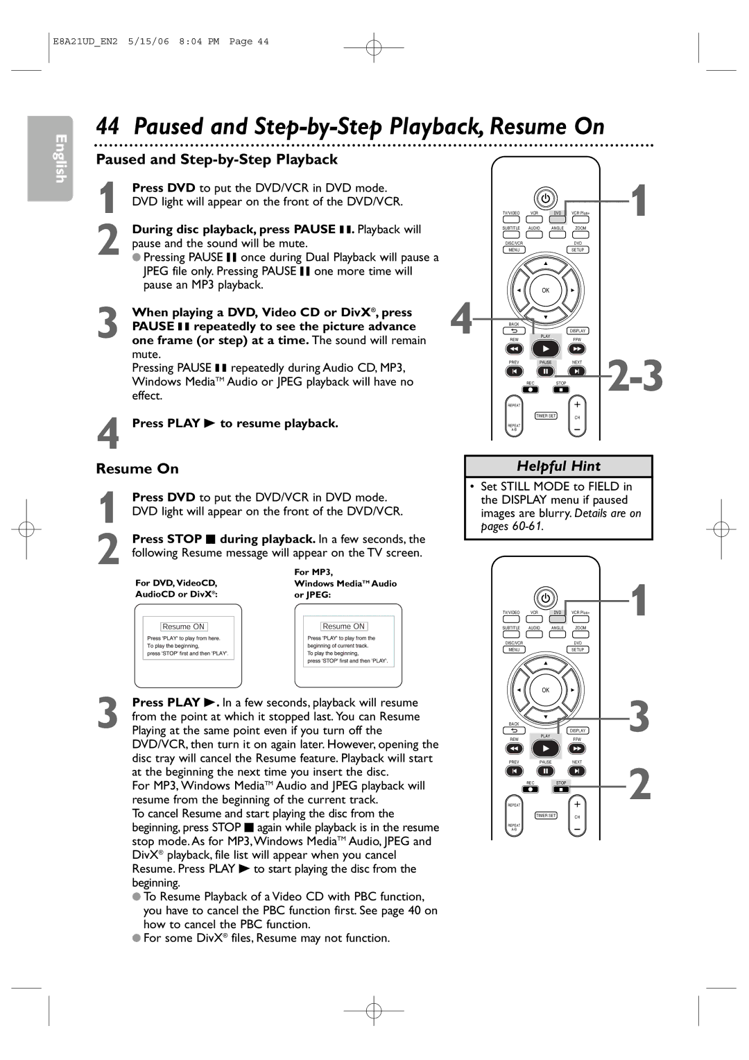 Philips DVP3200V/37B user manual Paused and Step-by-Step Playback, Resume On 