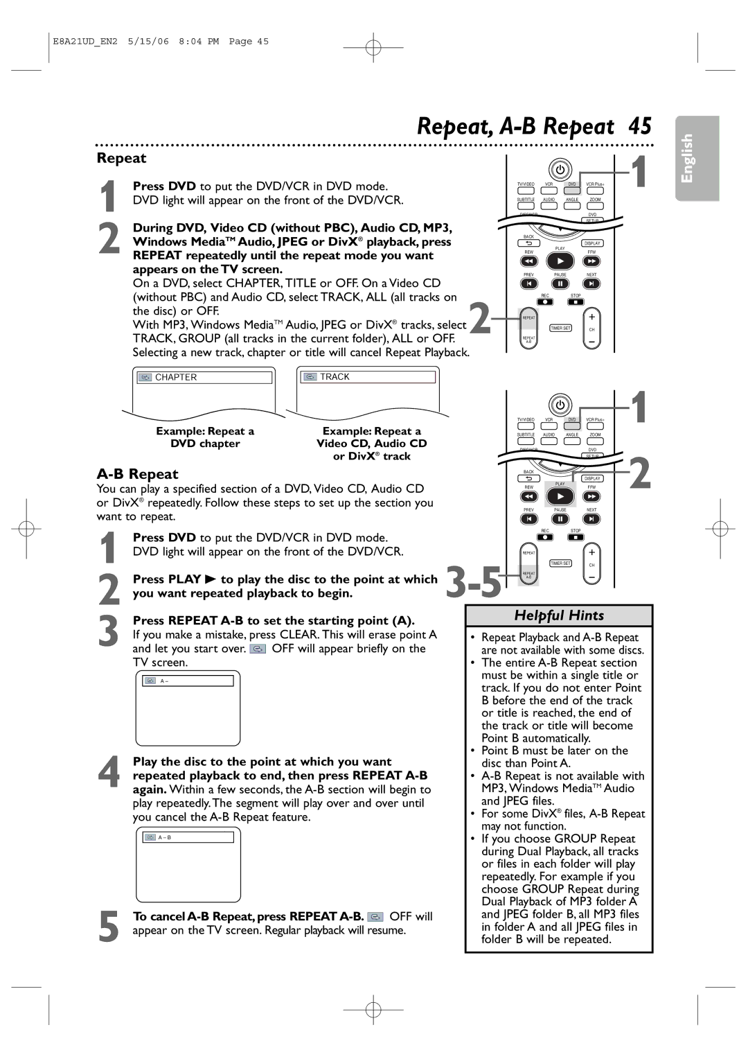 Philips DVP3200V/37B user manual Repeat, A-B Repeat, Let you start over OFF will appear briefly on 