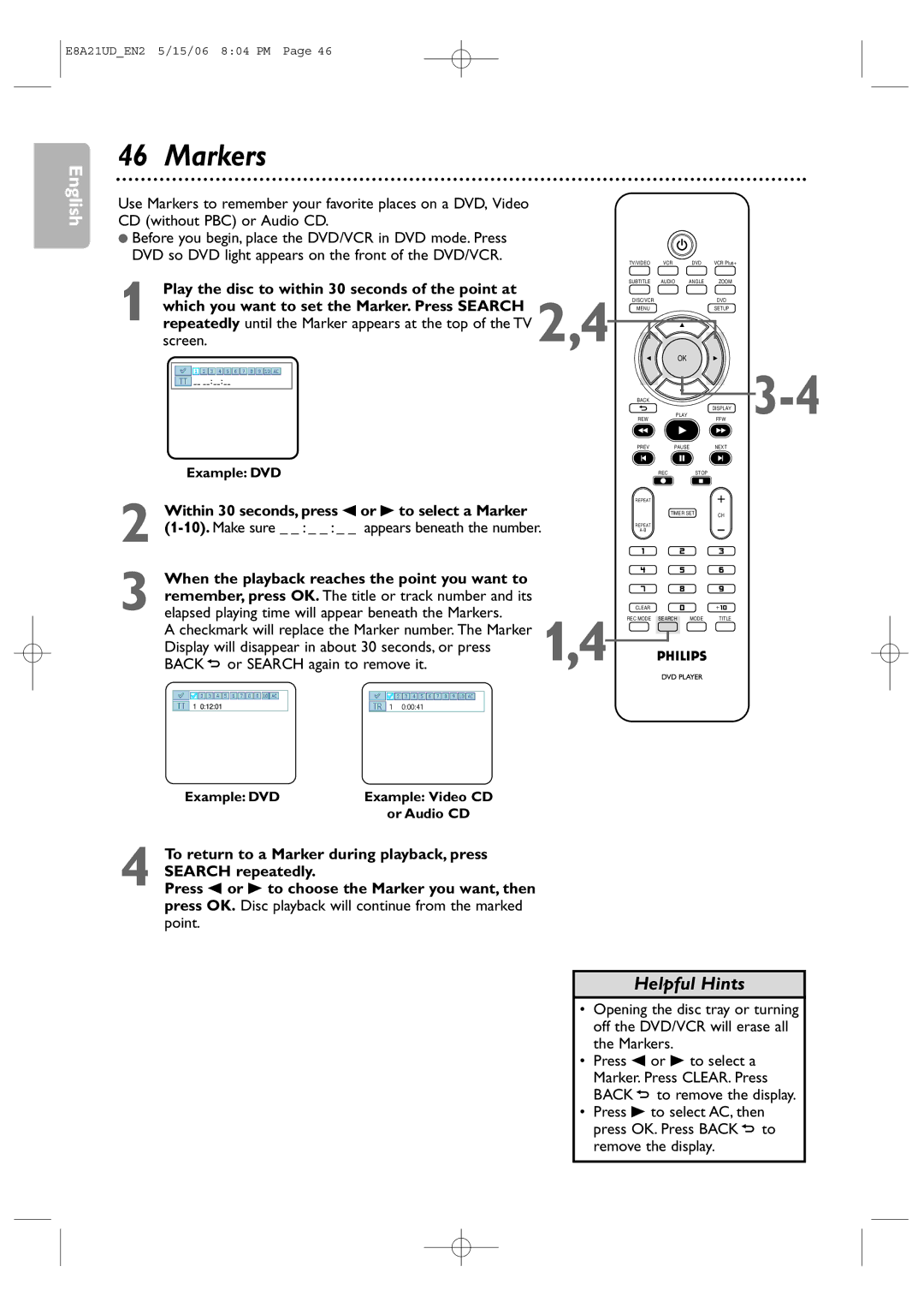 Philips DVP3200V/37B Screen, Elapsed playing time will appear beneath the Markers, Back or Search again to remove it 