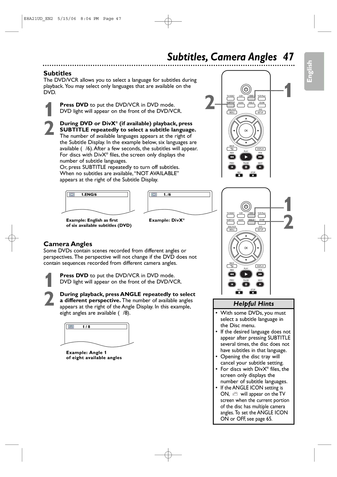 Philips DVP3200V/37B user manual Subtitles, Camera Angles, Dvd 