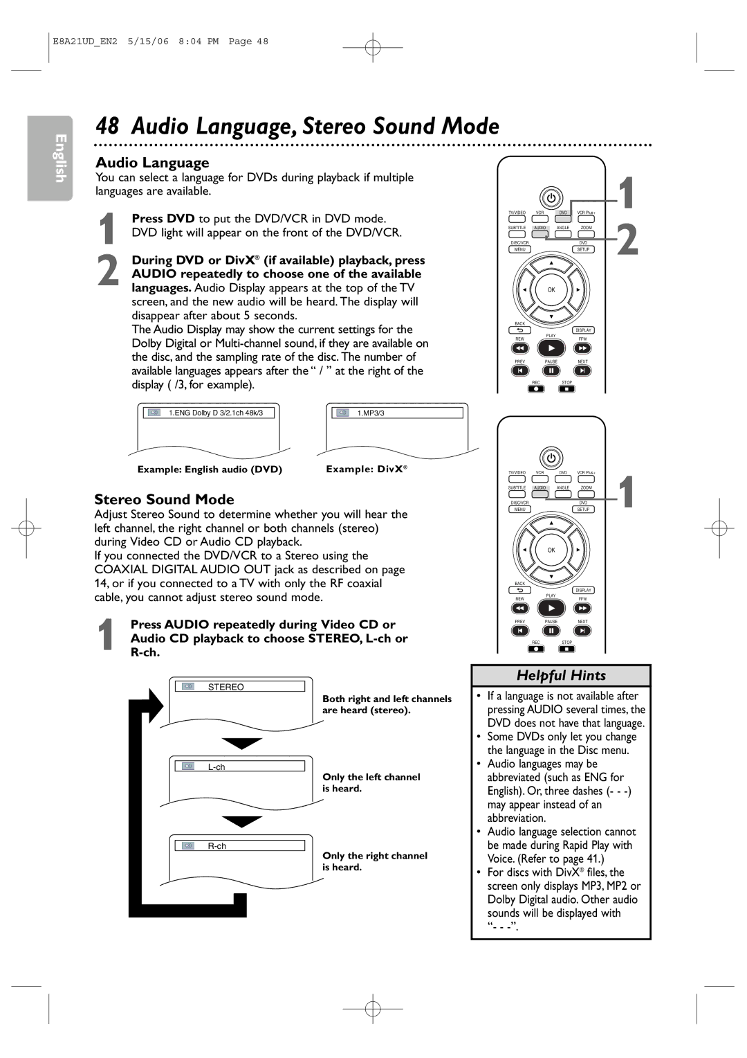 Philips DVP3200V/37B user manual Audio Language, Stereo Sound Mode 