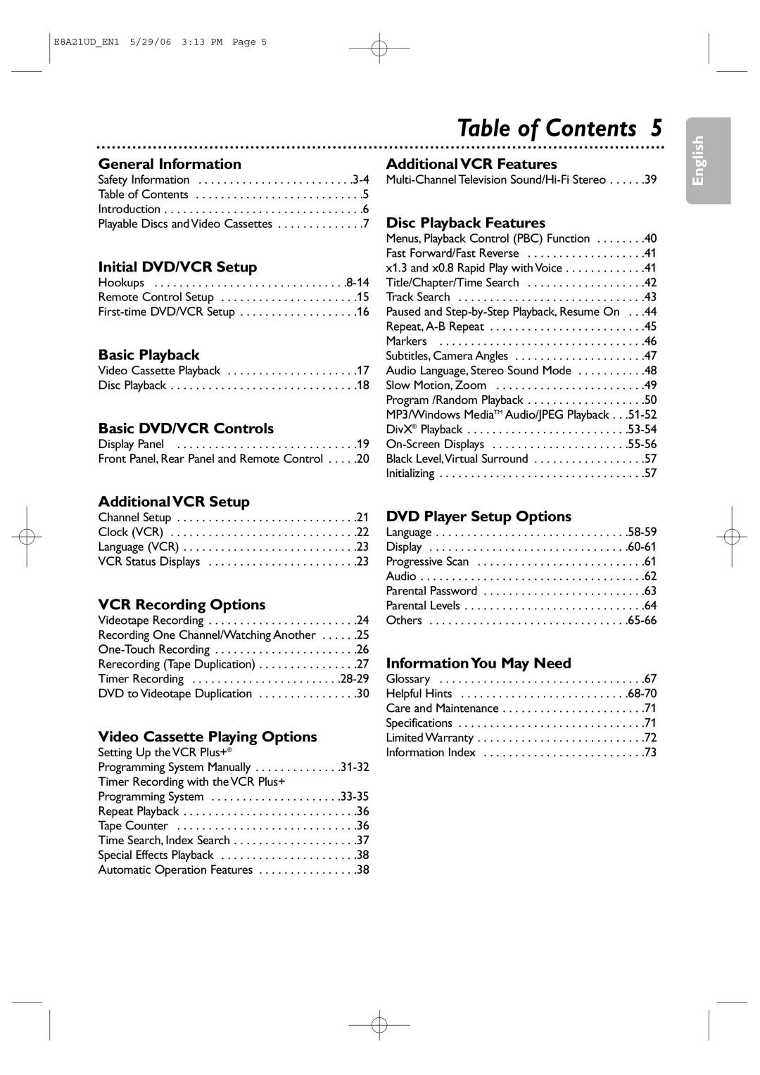 Philips DVP3200V/37B user manual Table of Contents 