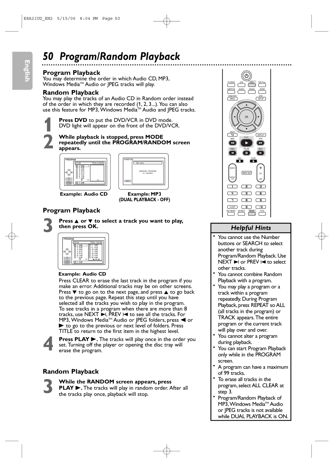 Philips DVP3200V/37B user manual Program/Random Playback, Program Playback 