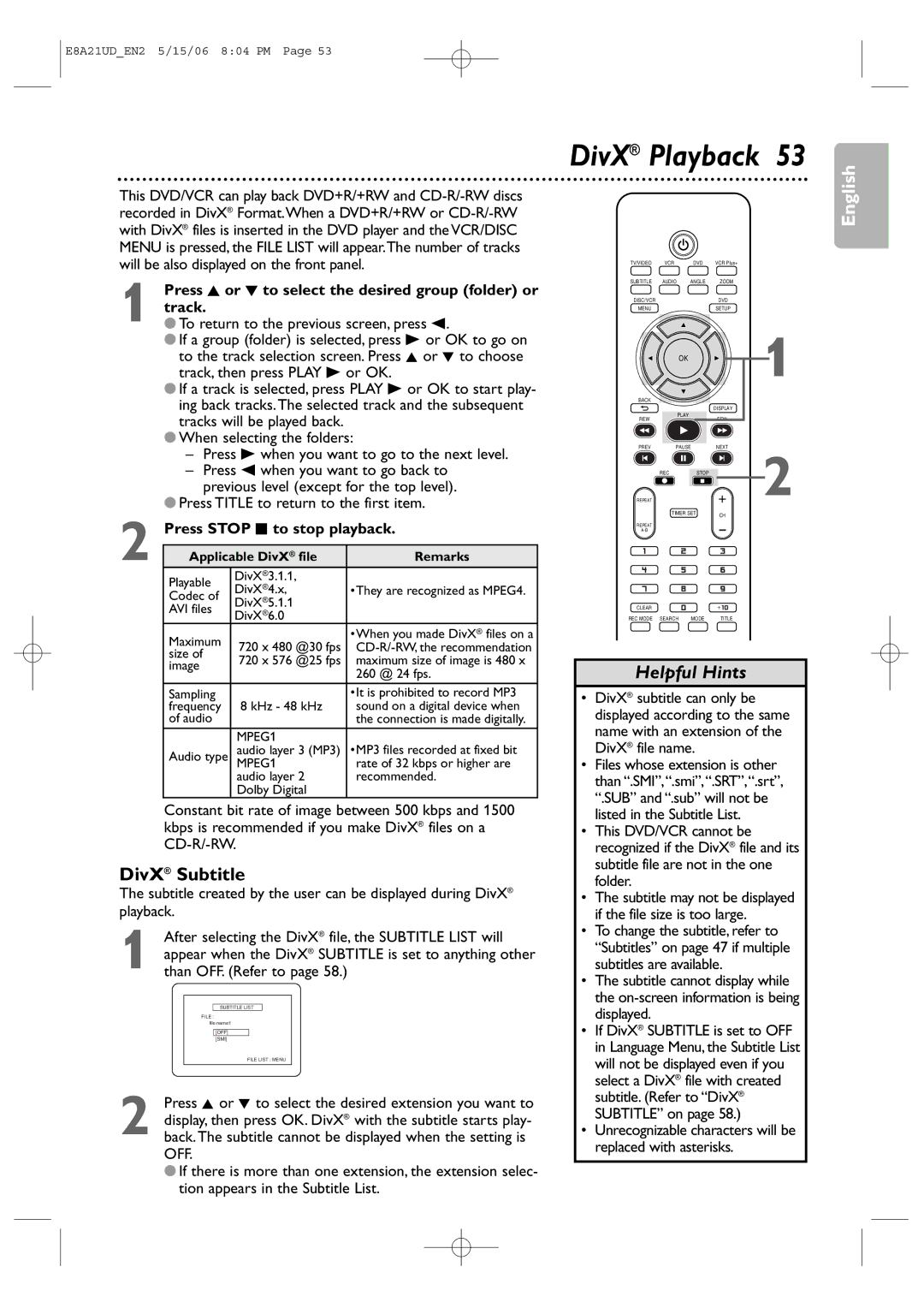 Philips DVP3200V/37B user manual DivX Playback, DivX Subtitle, Press K or L to select the desired group folder or 