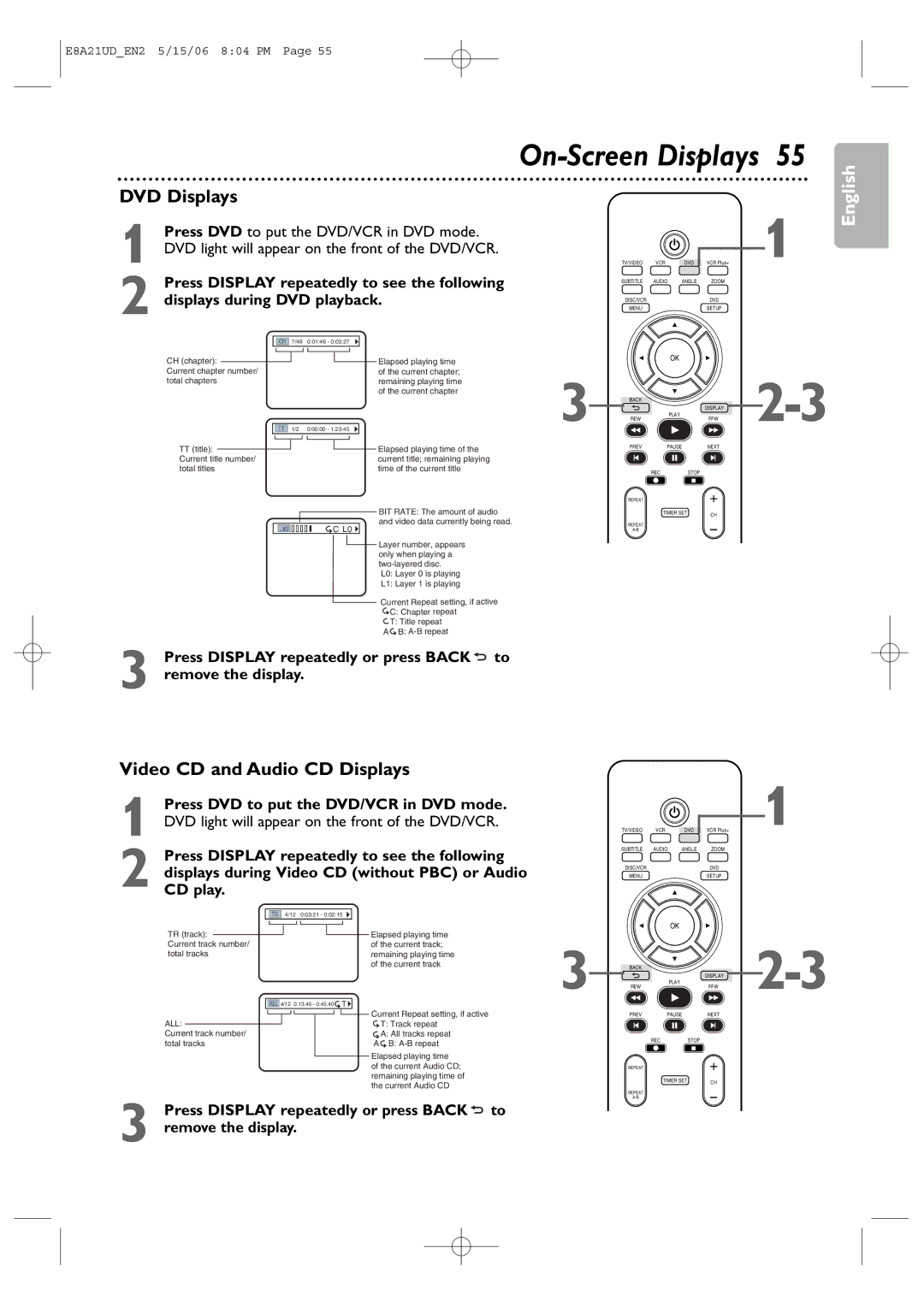 Philips DVP3200V/37B user manual On-Screen Displays, DVD Displays, Video CD and Audio CD Displays 