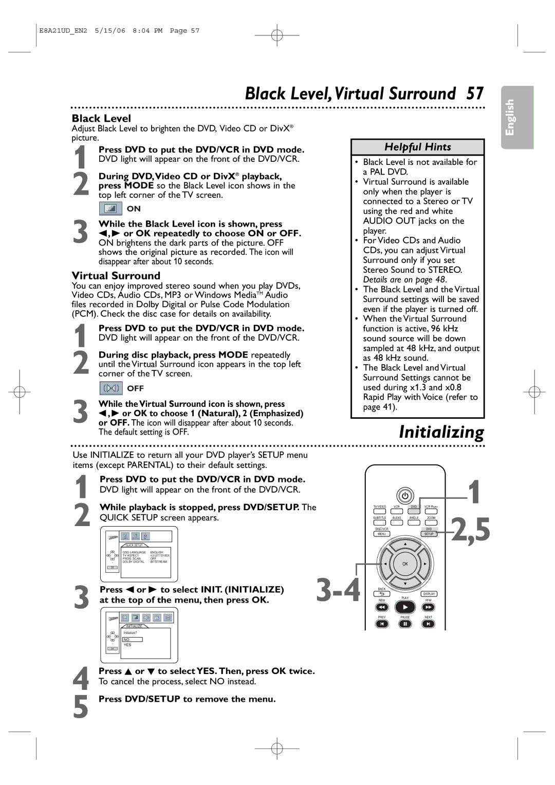 Philips DVP3200V/37B user manual Black Level,Virtual Surround, Initializing 