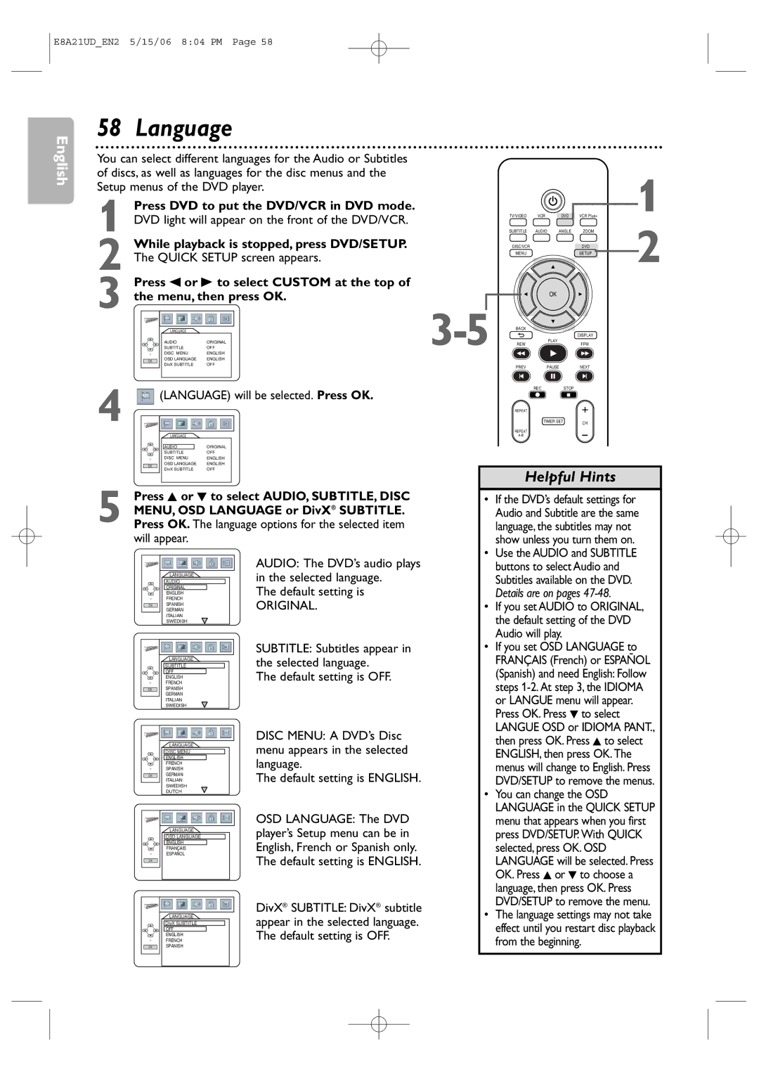 Philips DVP3200V/37B user manual Language, Original 