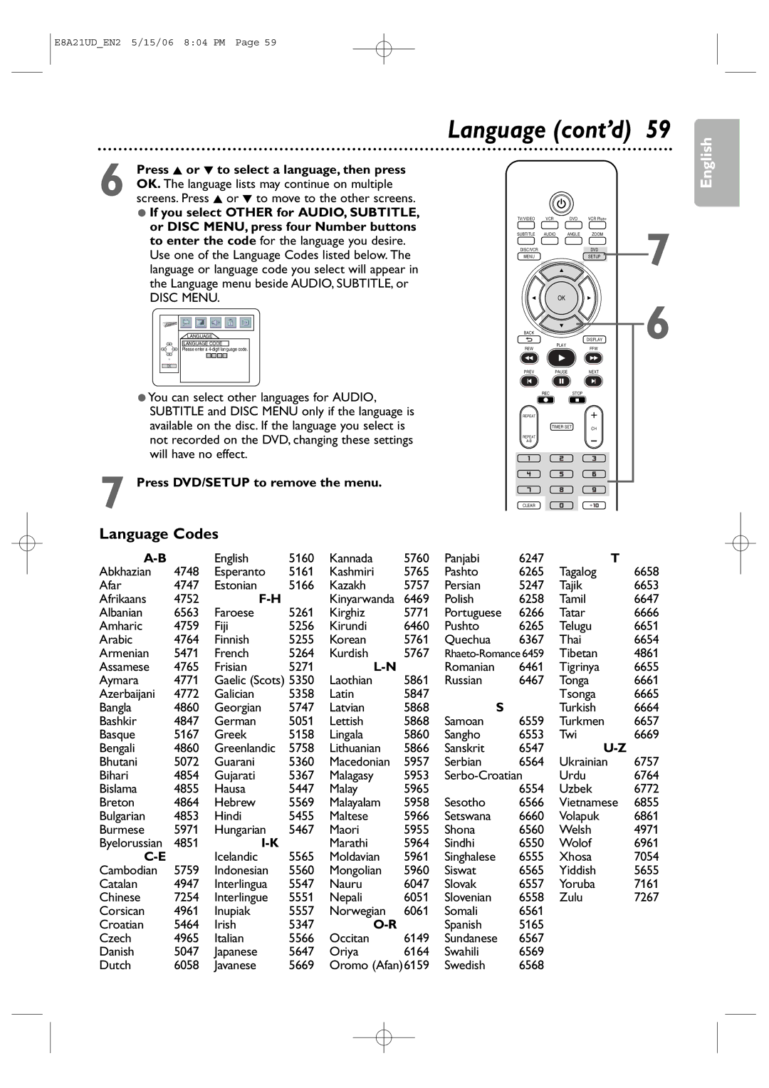 Philips DVP3200V/37B user manual Language cont’d, Language Codes, Disc Menu, Kinyarwanda, Byelorussian 