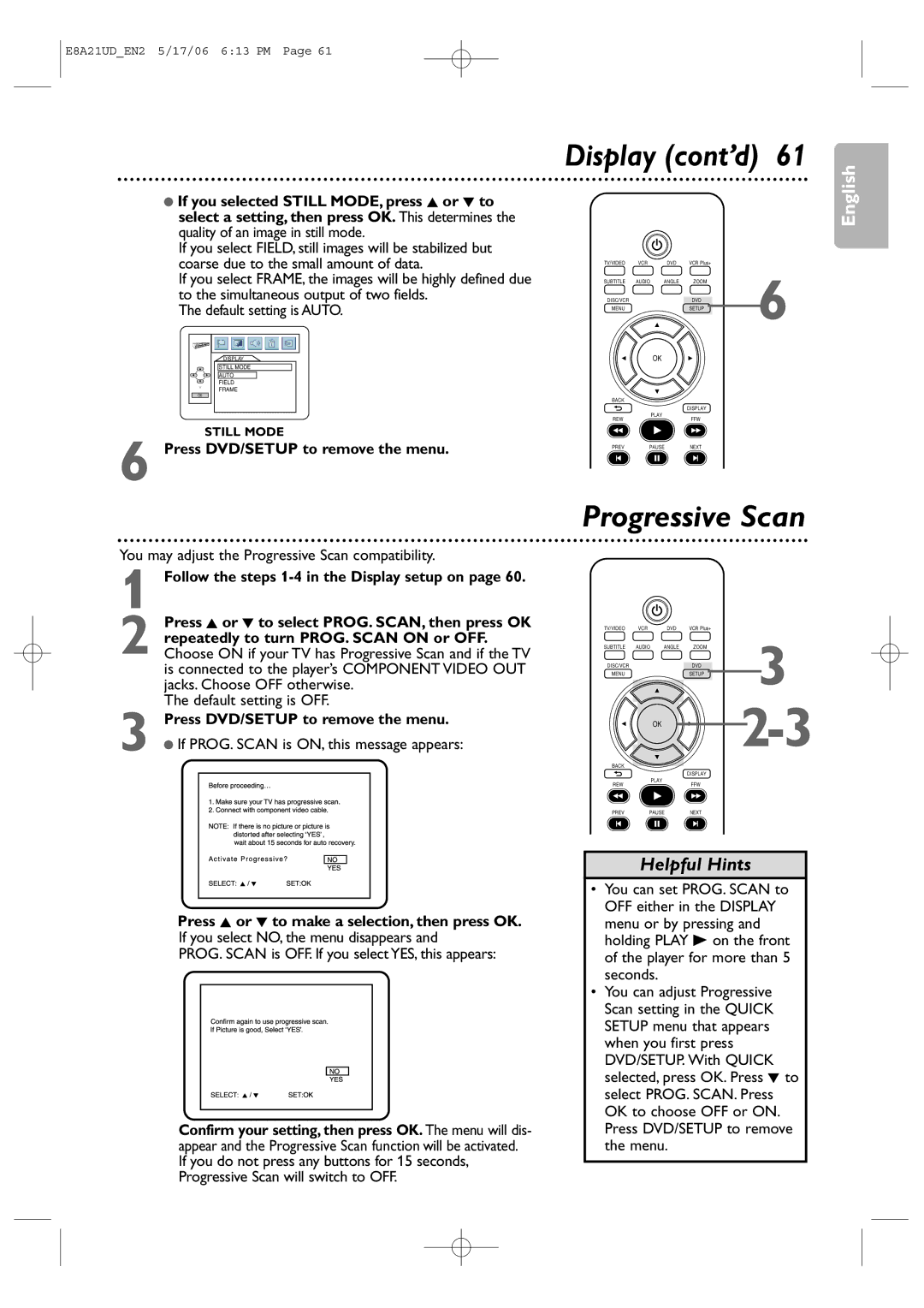 Philips DVP3200V/37B user manual Display cont’d, Progressive Scan, Jacks. Choose OFF otherwise, Default setting is OFF 