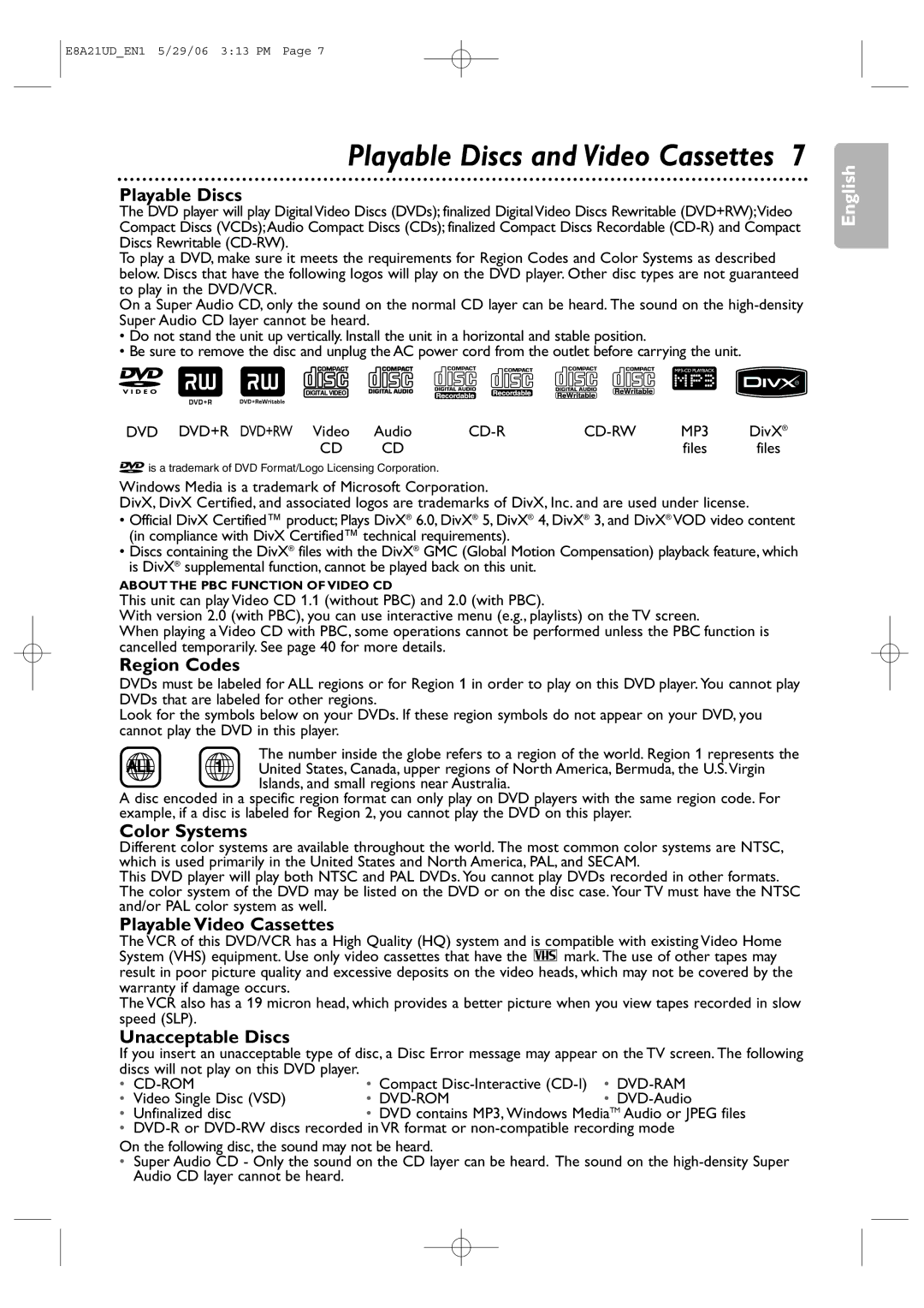 Philips DVP3200V/37B user manual Playable Discs and Video Cassettes 