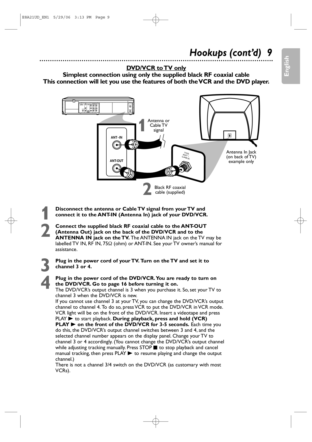 Philips DVP3200V/37B user manual Hookups cont’d, 1Antenna or Cable TV Signal 