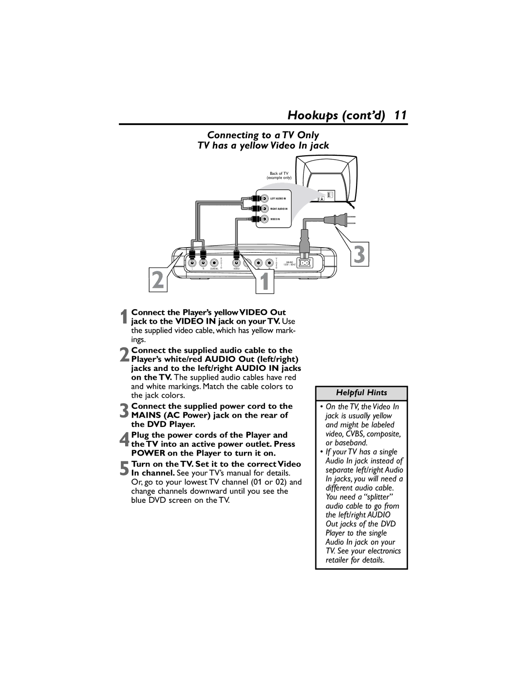 Philips DVP320F/17 owner manual Connecting to a TV Only TV has a yellow Video In jack 