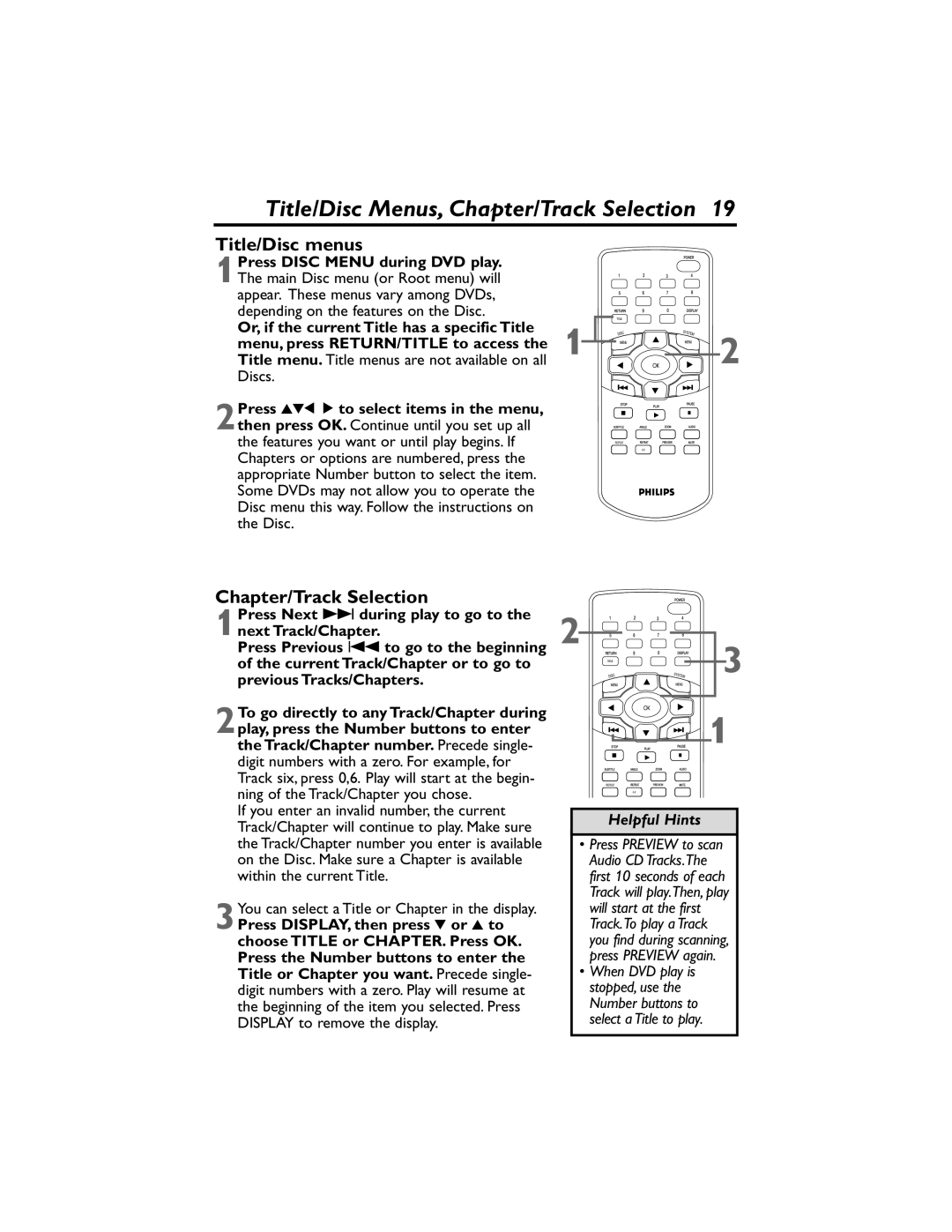 Philips DVP320F/17 owner manual Title/Disc Menus, Chapter/Track Selection, Title/Disc menus 