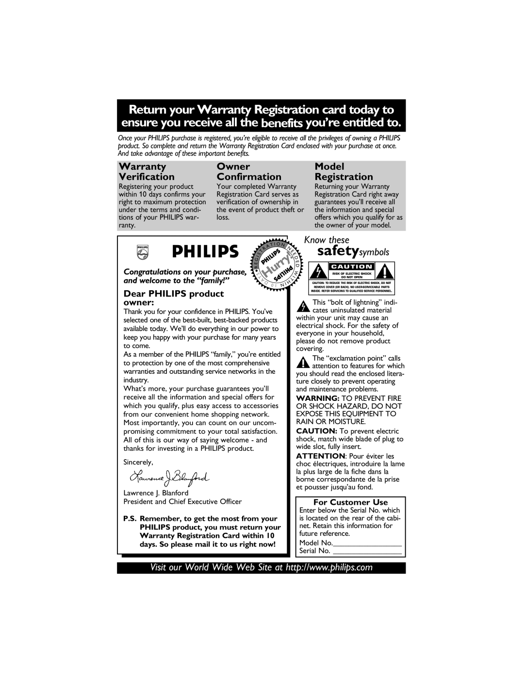 Philips DVP320F/17 owner manual Warranty Verification, Owner Confirmation, Model Registration, For Customer Use 