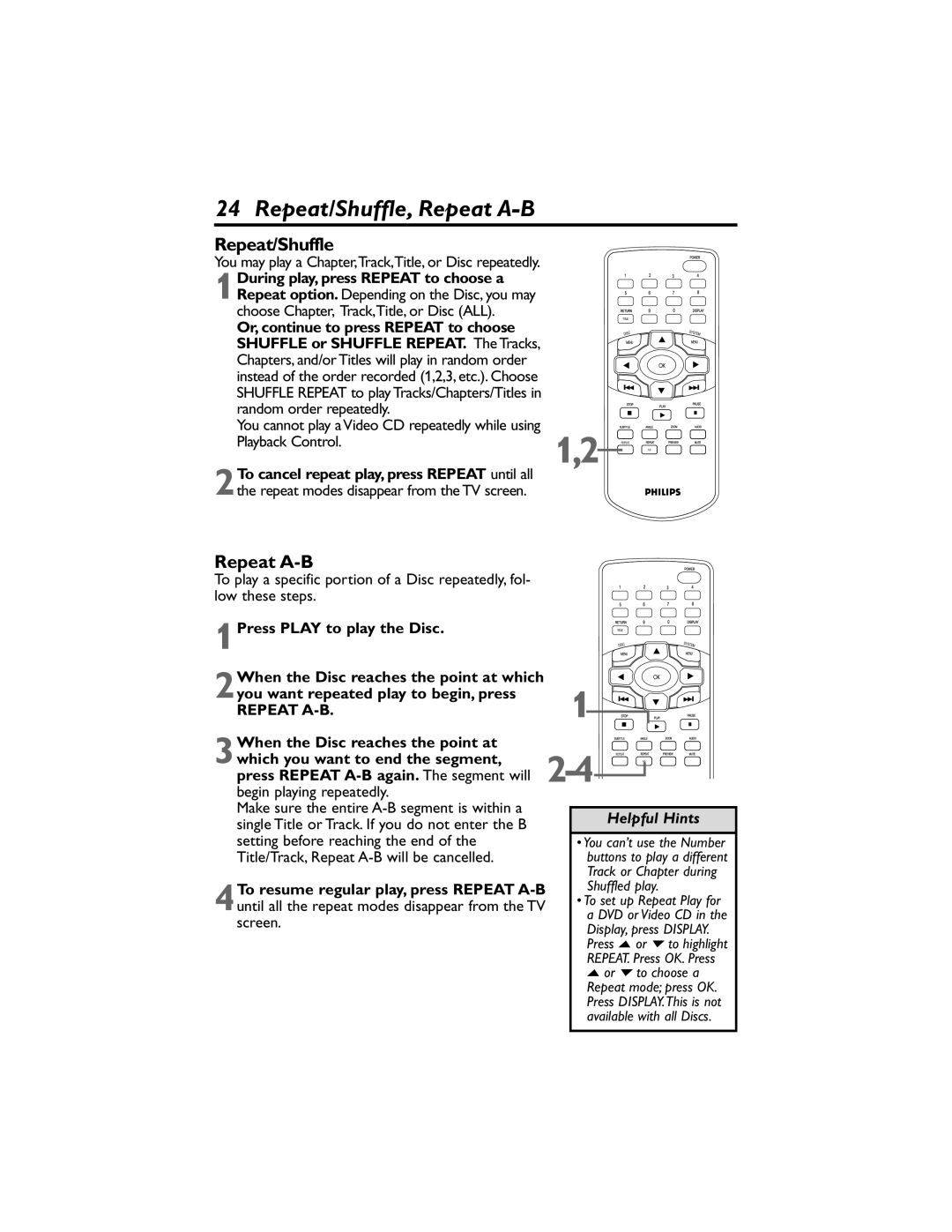 Philips DVP320F/17 owner manual Repeat/Shuffle, Repeat A-B, During play, press Repeat to choose a 