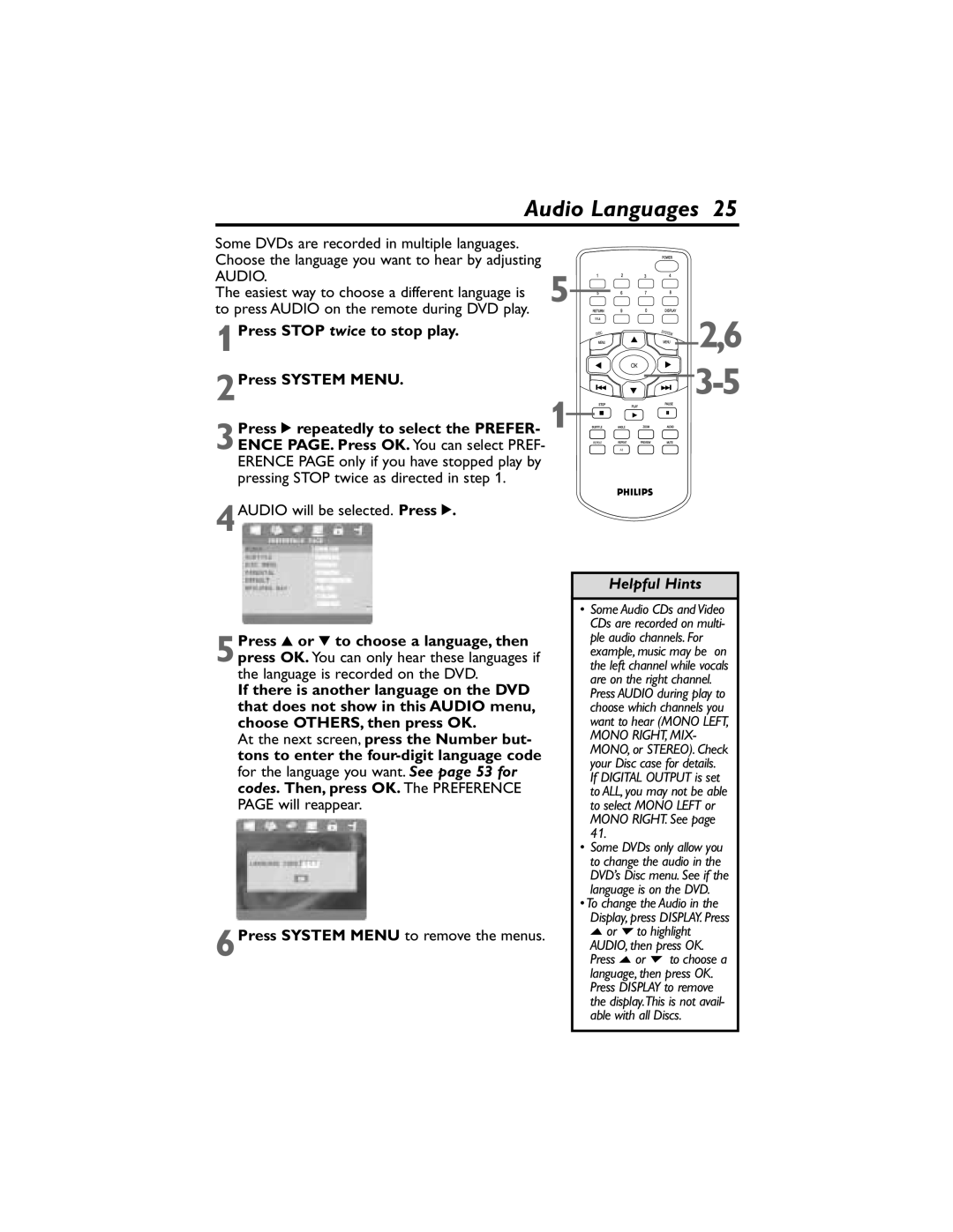 Philips DVP320F/17 owner manual Audio Languages, 1Press Stop twice to stop play 2Press System Menu 