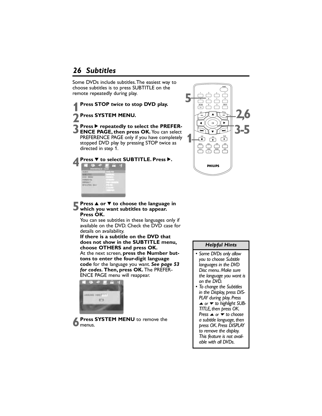 Philips DVP320F/17 owner manual Subtitles, 6Press System Menu to remove the menus 