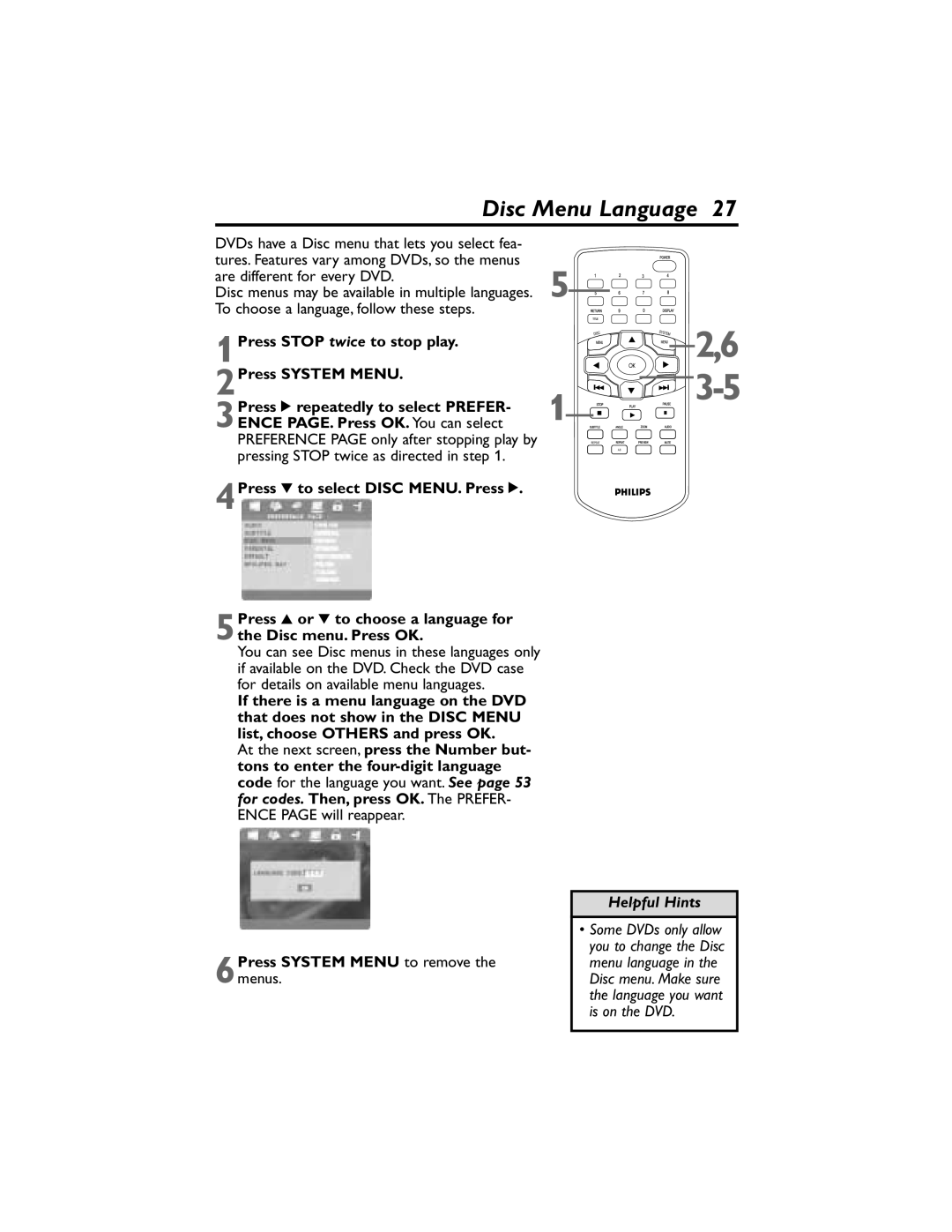 Philips DVP320F/17 owner manual Disc Menu Language 