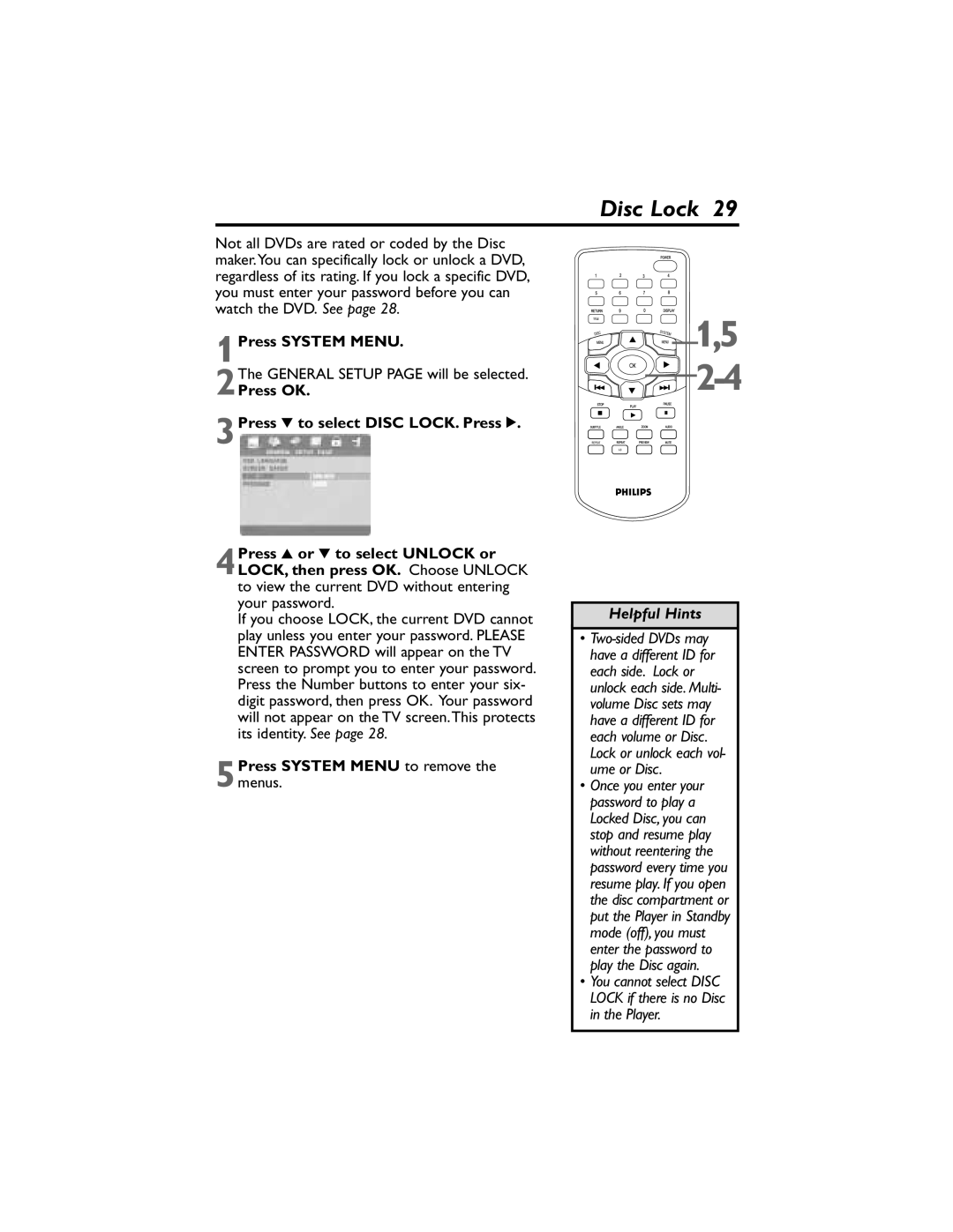 Philips DVP320F/17 owner manual Disc Lock, 1Press System Menu, 5Press System Menu to remove the menus 