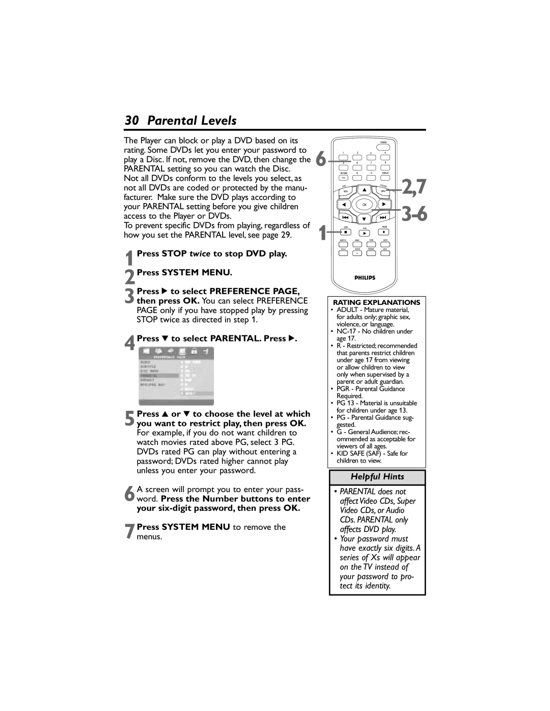 Philips DVP320F/17 owner manual Parental Levels, 1Press Stop twice to stop DVD play 2Press System Menu 