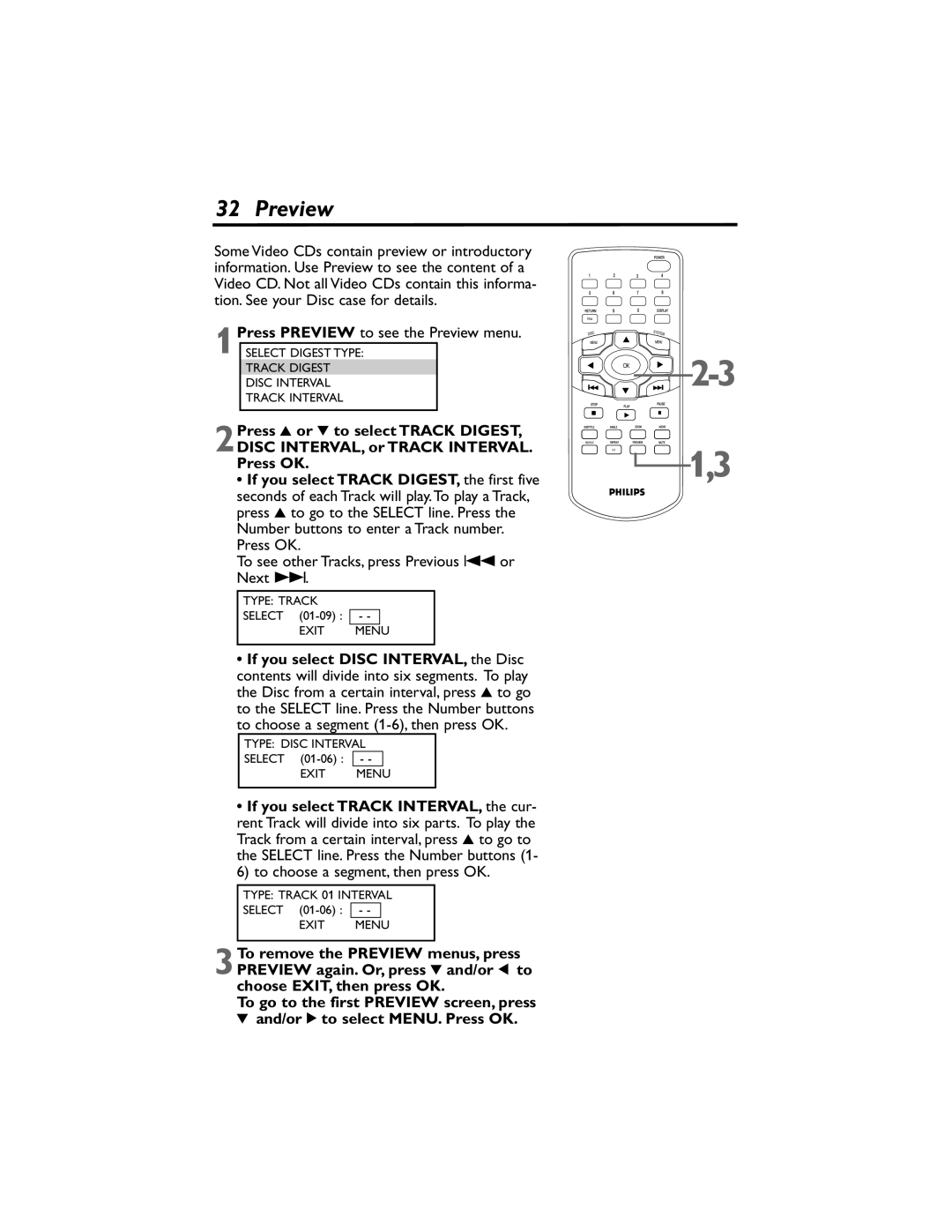 Philips DVP320F/17 owner manual Preview, Press OK To see other Tracks, press Previous 4or Next ¢ 