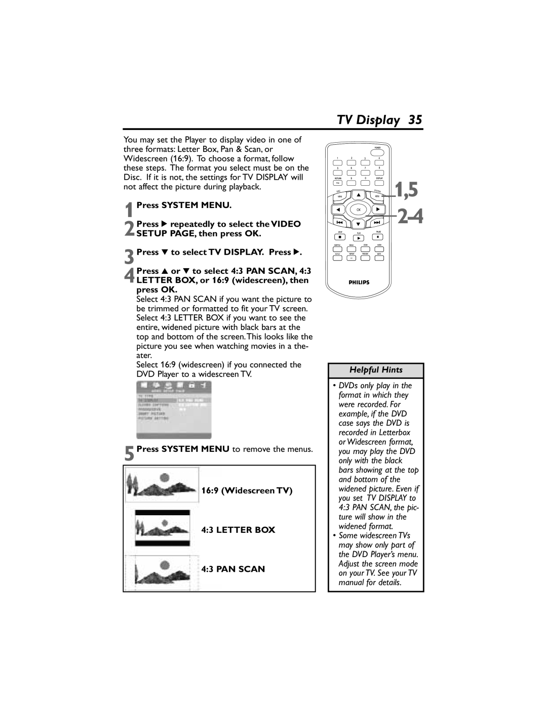 Philips DVP320F/17 owner manual TV Display, Widescreen TV 