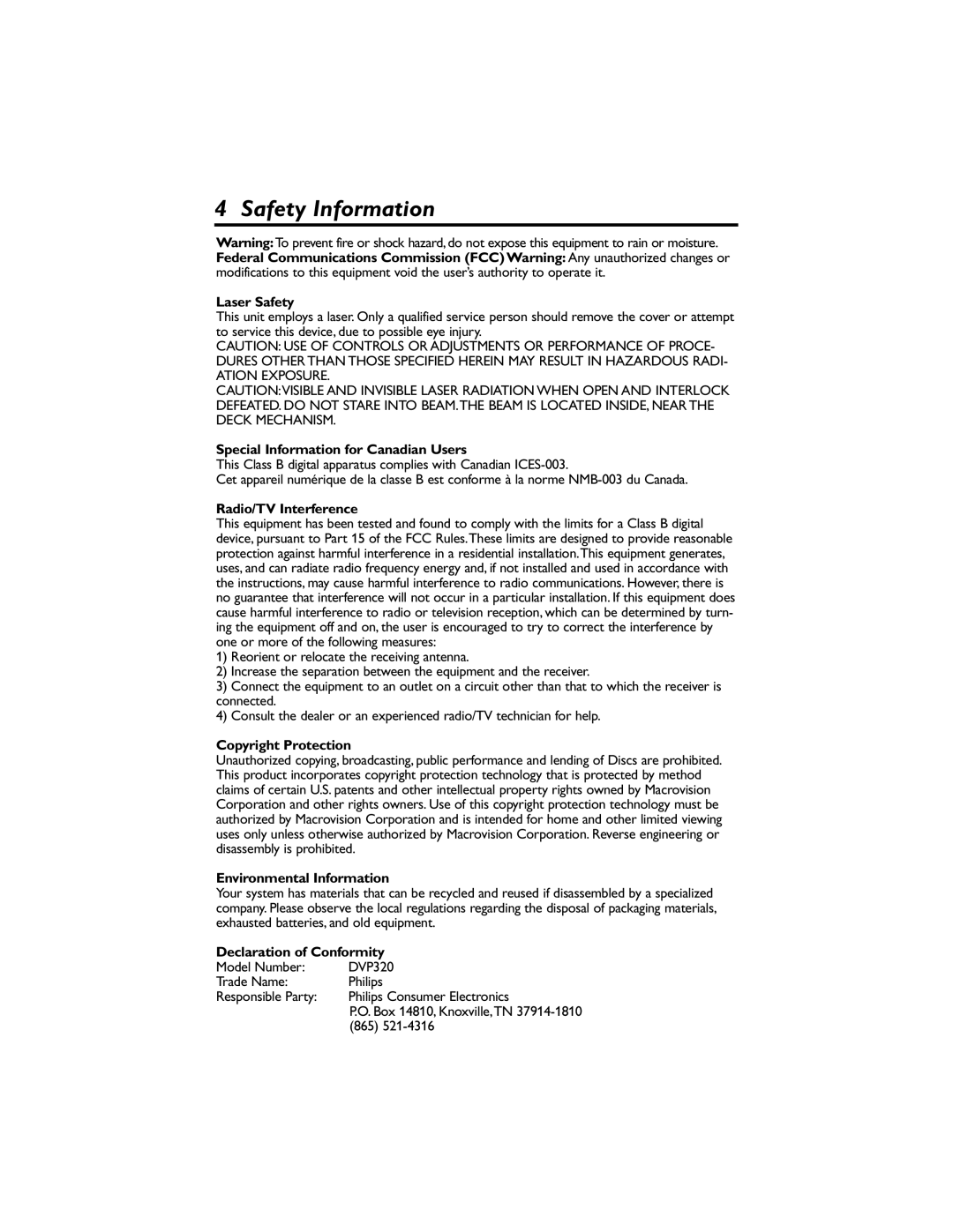 Philips DVP320F/17 owner manual Safety Information, Special Information for Canadian Users 