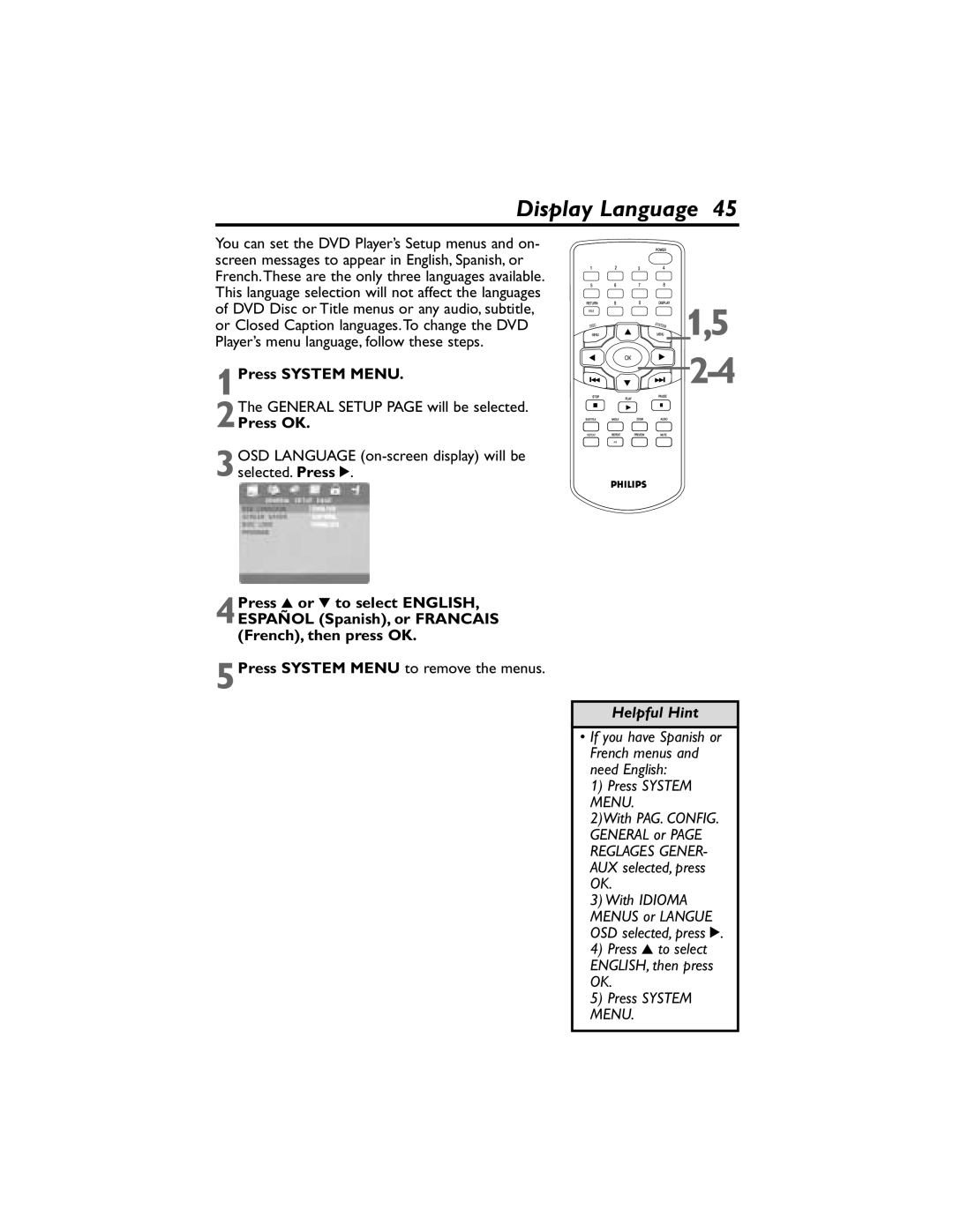 Philips DVP320F/17 owner manual Display Language, Press OK 