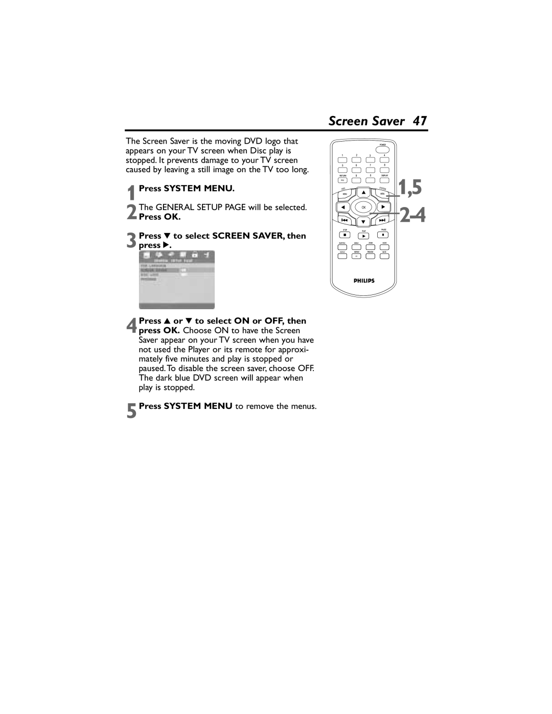 Philips DVP320F/17 owner manual Screen Saver 