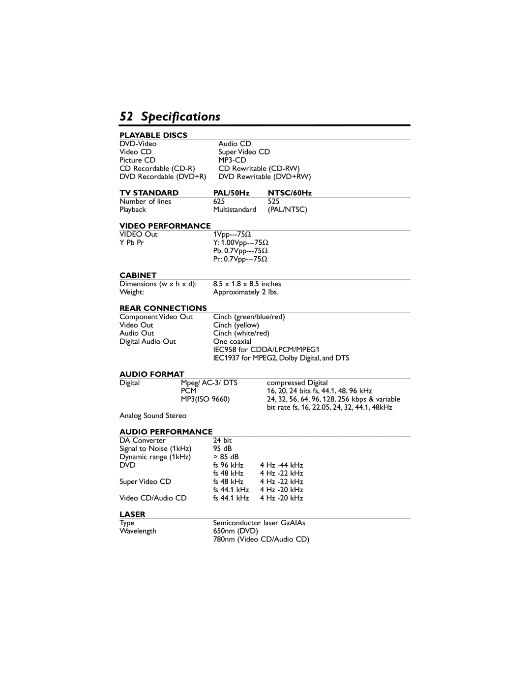 Philips DVP320F/17 owner manual Specifications, Playable Discs 