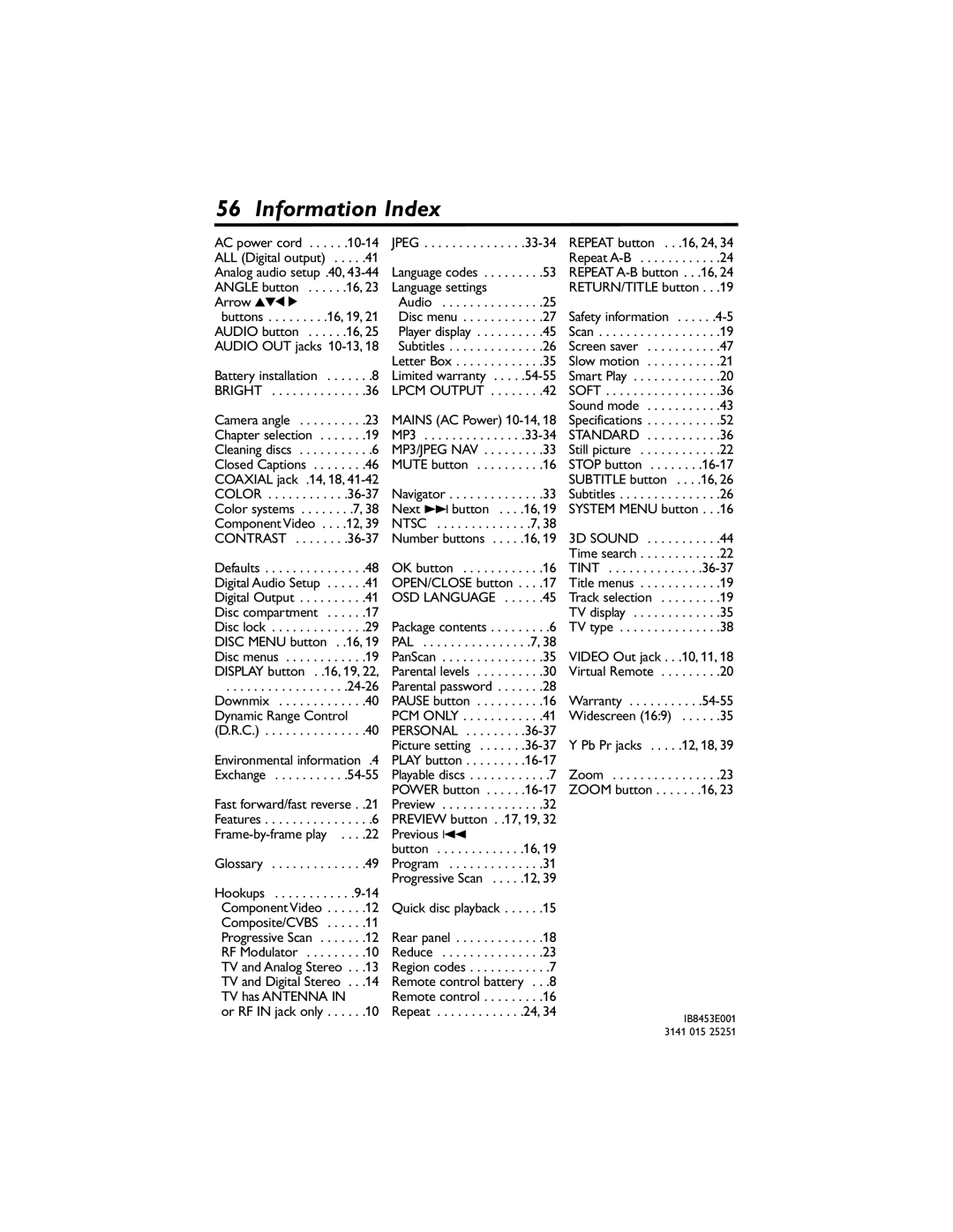 Philips DVP320F/17 owner manual Information Index, Environmental information .4 Exchange 