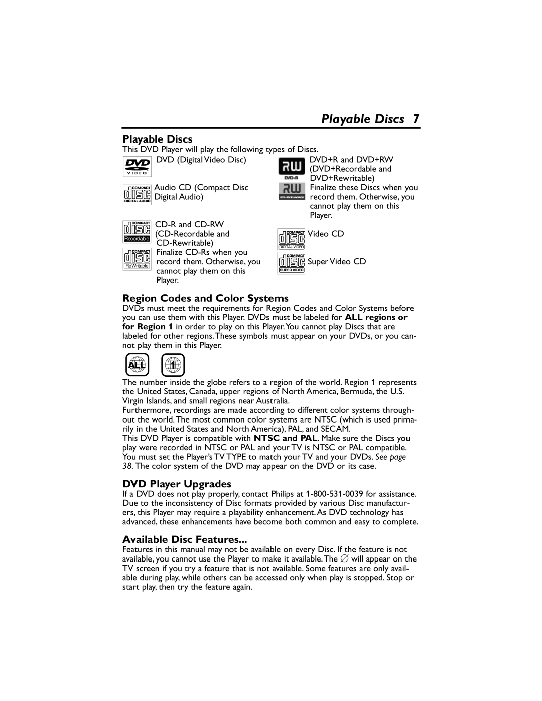 Philips DVP320F/17 Playable Discs, Region Codes and Color Systems, DVD Player Upgrades, Available Disc Features 