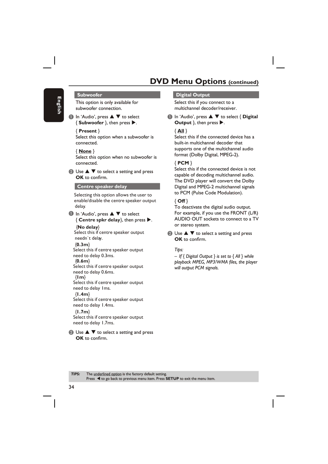 Philips DVP3236X/94 manual Centre speaker delay 