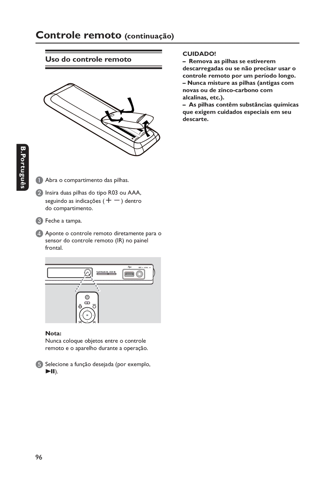 Philips DVP3250K manual Continuação, Cuidado 