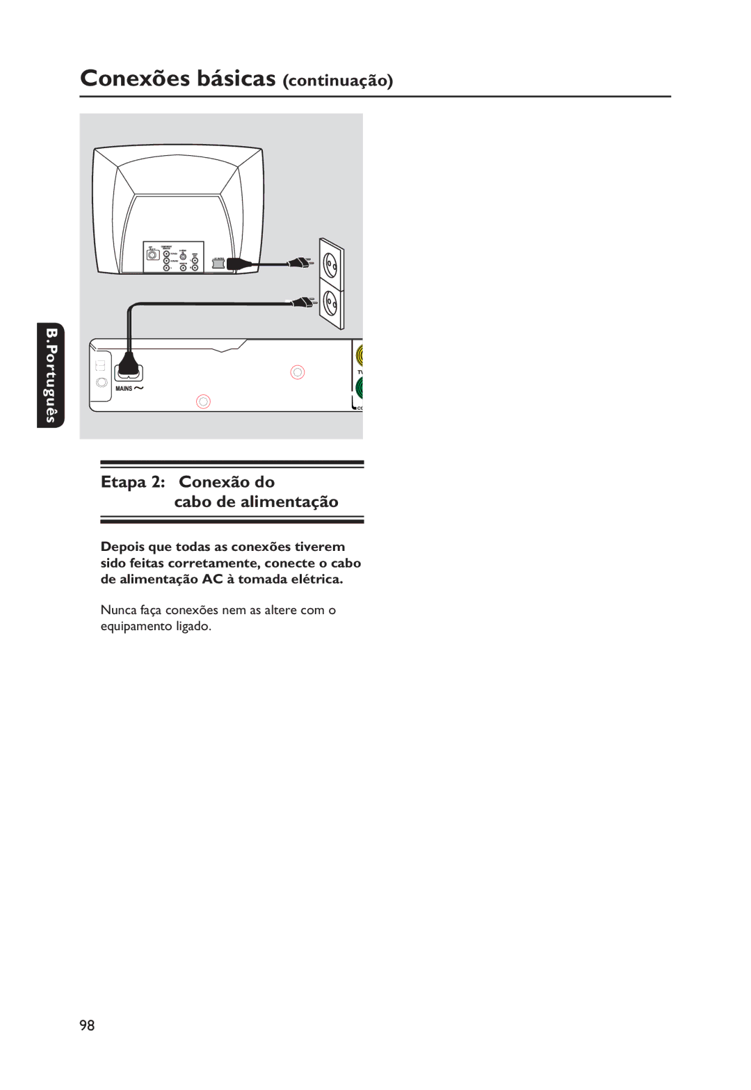 Philips DVP3250K manual Conexões básicas continuação, Etapa 2 Conexão do Cabo de alimentação 