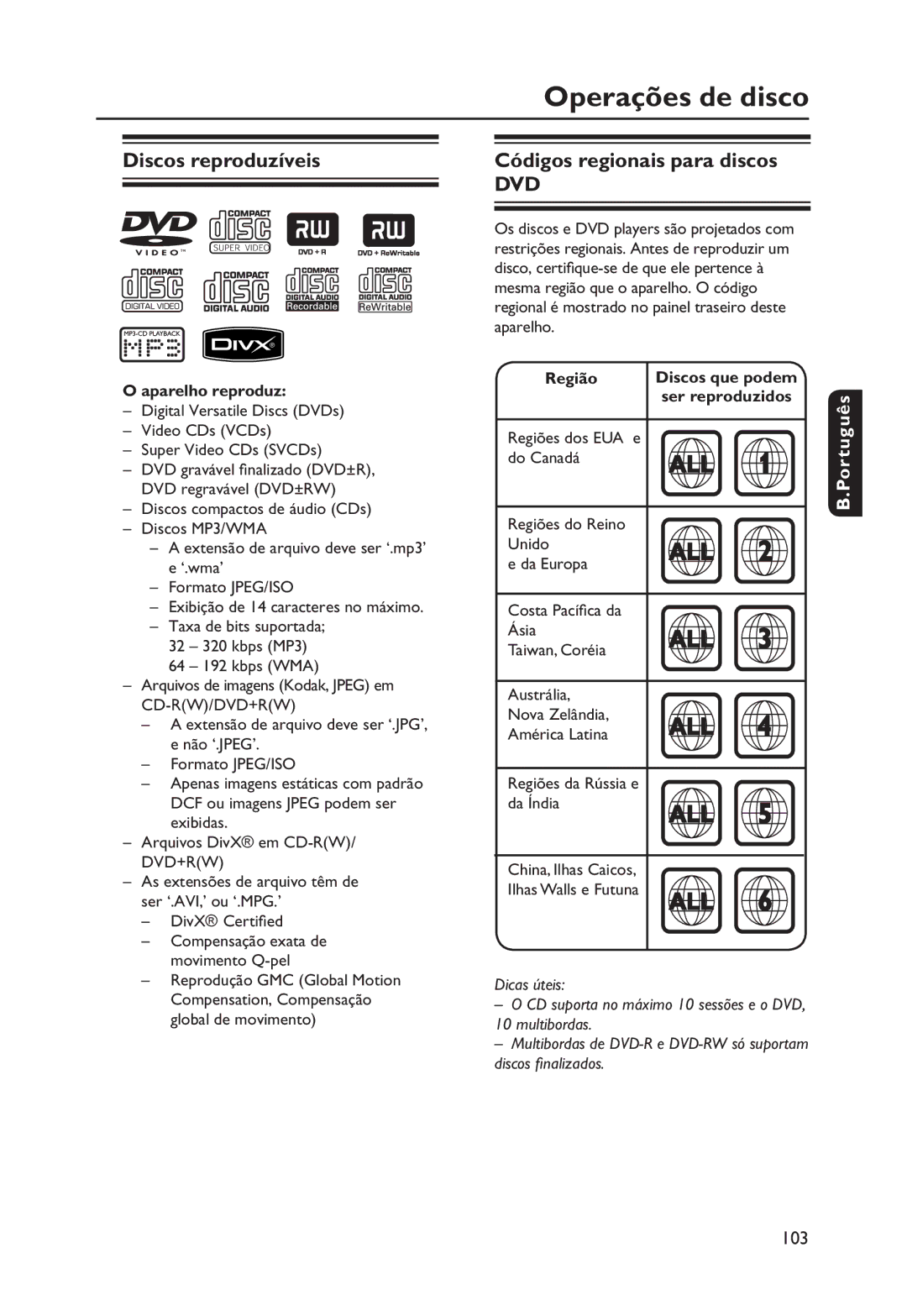 Philips DVP3250K manual Discos reproduzíveis Códigos regionais para discos, Aparelho reproduz, Região 